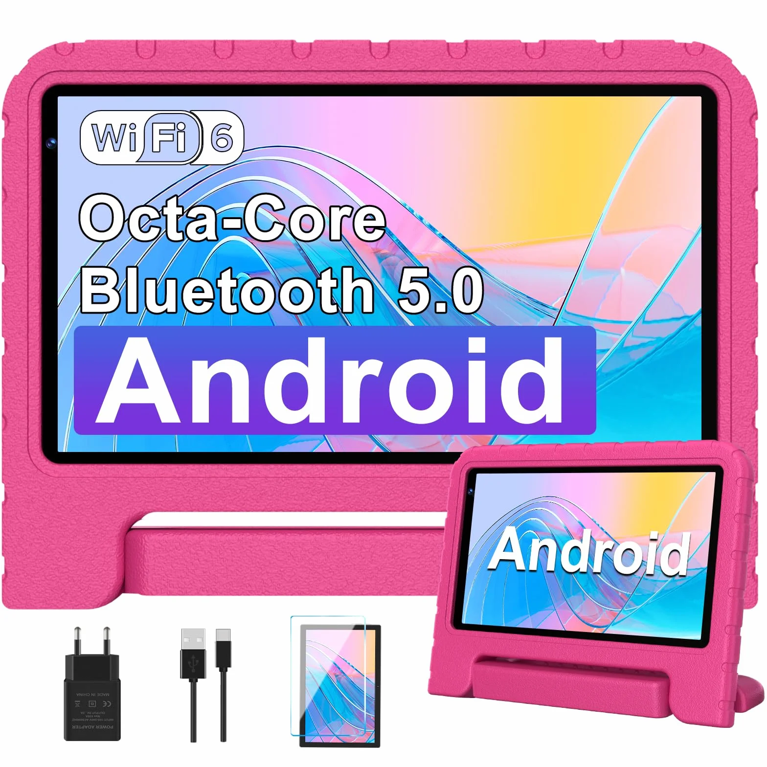 Tablet para Niños 7 Pulgadas,Android Niños Tablet, 10GB RAM + 64GB ROM/TF 512GB, Kids Educativos | Control Parental | Octa-Core 1.8GHz | 5G WiFi 6 | Cámara Dual | BT5.0,con Funda EVA Rojo