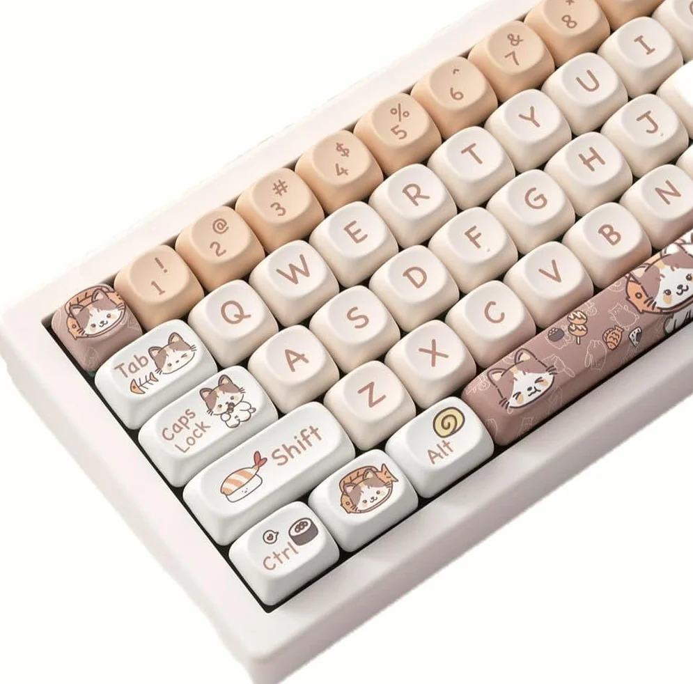 142 Teclas Lindas Teclas de Perfil Moa, Teclas PBT, Teclas Personalizadas Gatos, Teclas Blancas 60 por ciento Lindas Teclas para Teclado Mecánico