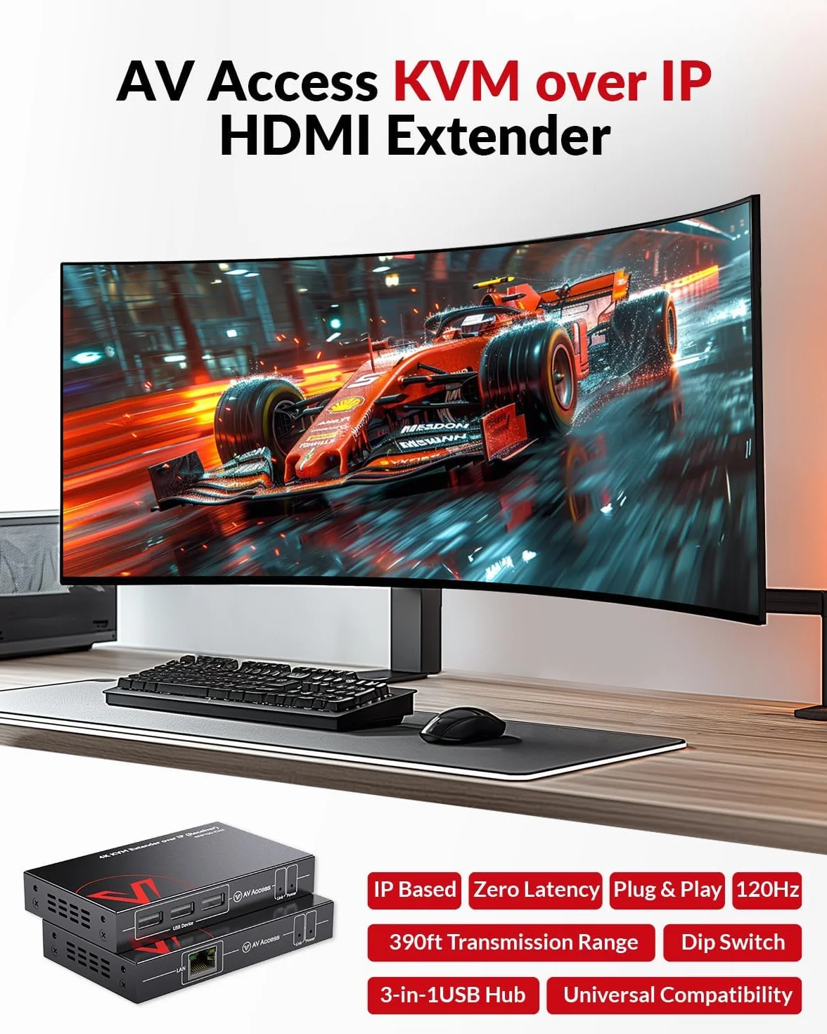 AV Access Extensor KVM 4K sobre TCP/IP Ethernet Hasta 120 m (390 pies), UHD 4K@30Hz 1080P@120Hz, 16 Juegos de Interruptores DIP, Función EDID, 3 Puertos USB 2.0, a Través de Cable Cat5e/6