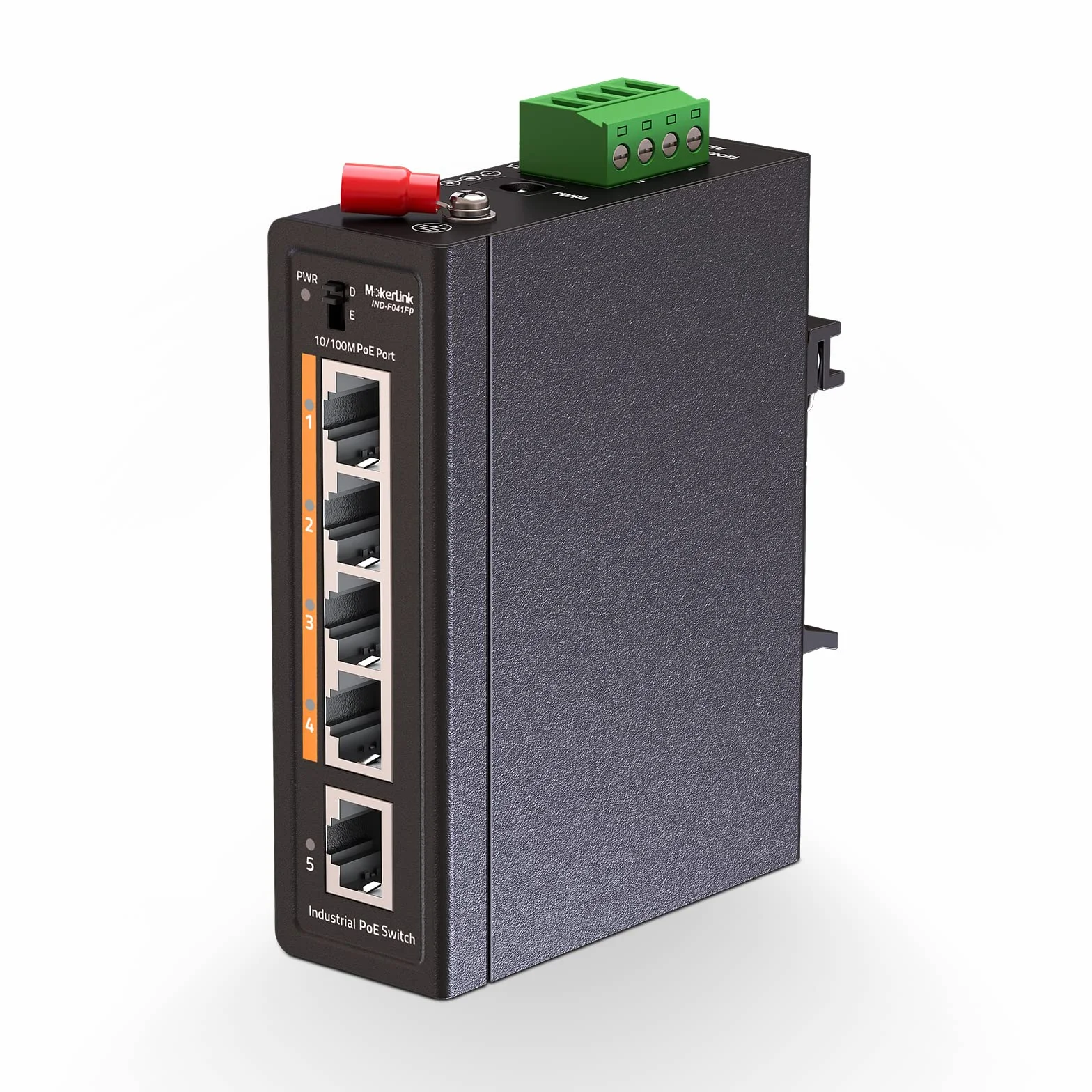 MokerLink Switch de riel DIN Industrial 5 Puertos PoE+, 4 Puertos PoE+ IEEE802.3af/at, 1 Enlace Ascendente, Fast Ethernet de 10/100 Mbps, riel DIN y Montaje en Pared incluidos
