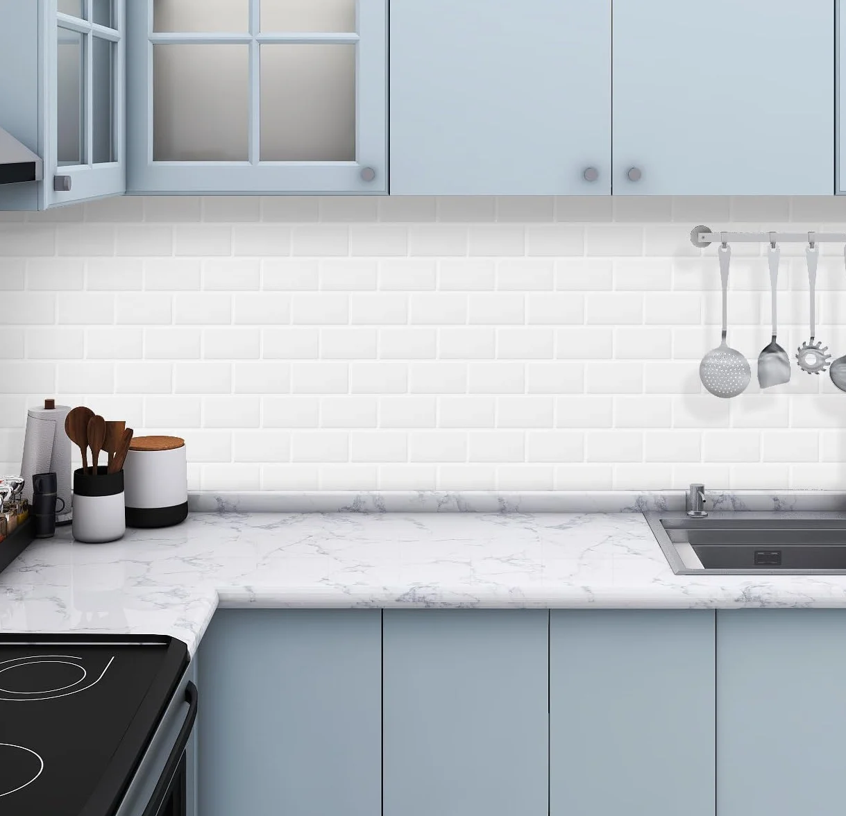 DEWOO Autoadhesivos Vinilo Baldosas Azulejos Adhesivos Pared Cocina Baño Metro Blanco 30.5x30.5cm