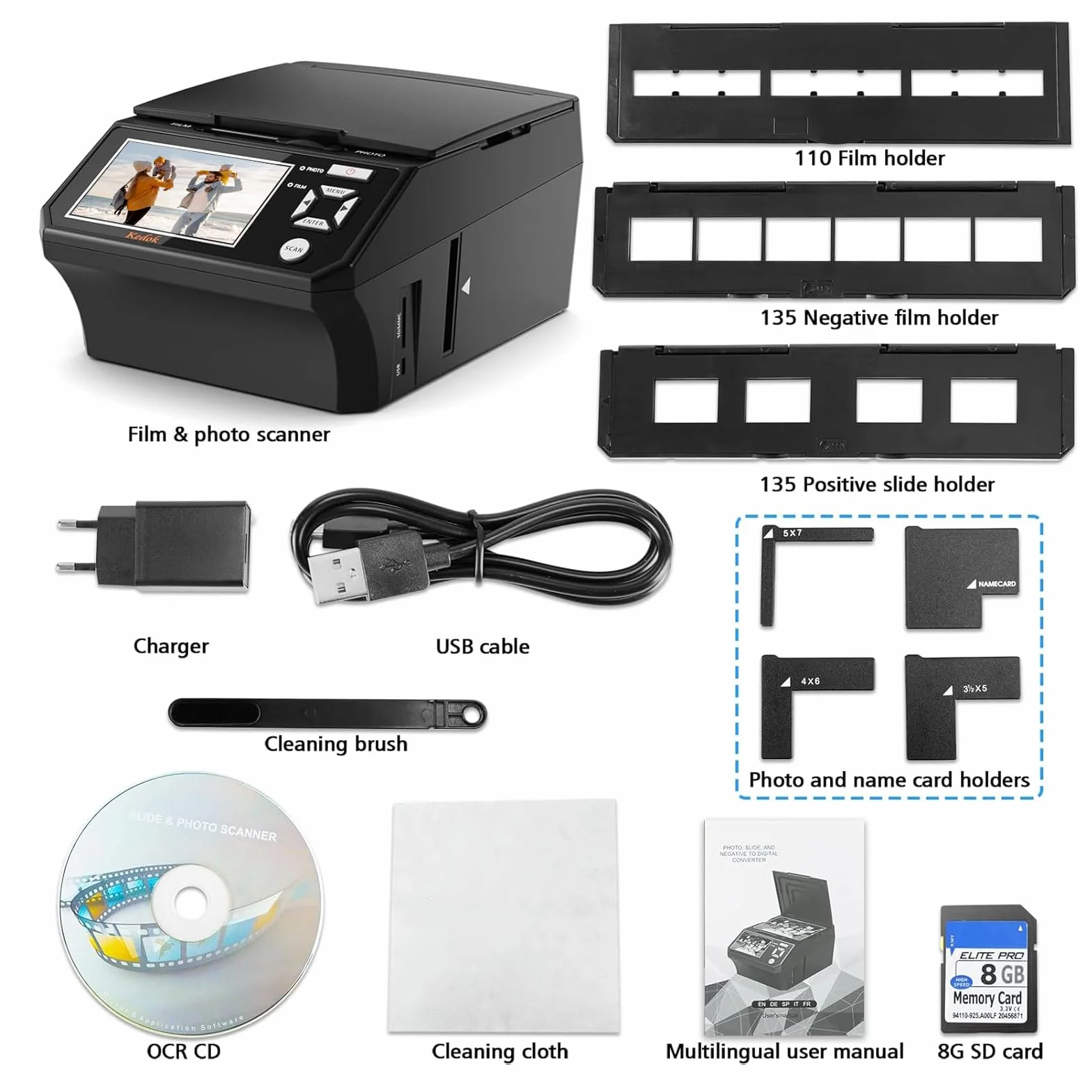 Escáner de Diapositivas Digital de 22 MP con Pantalla LCD de 5 Pulgadas - Convierte fácilmente películas/Fotos y Tarjetas de Visita de 35 mm, 110 a Formato JPEG, Tarjeta de Memoria de 8 GB incluida