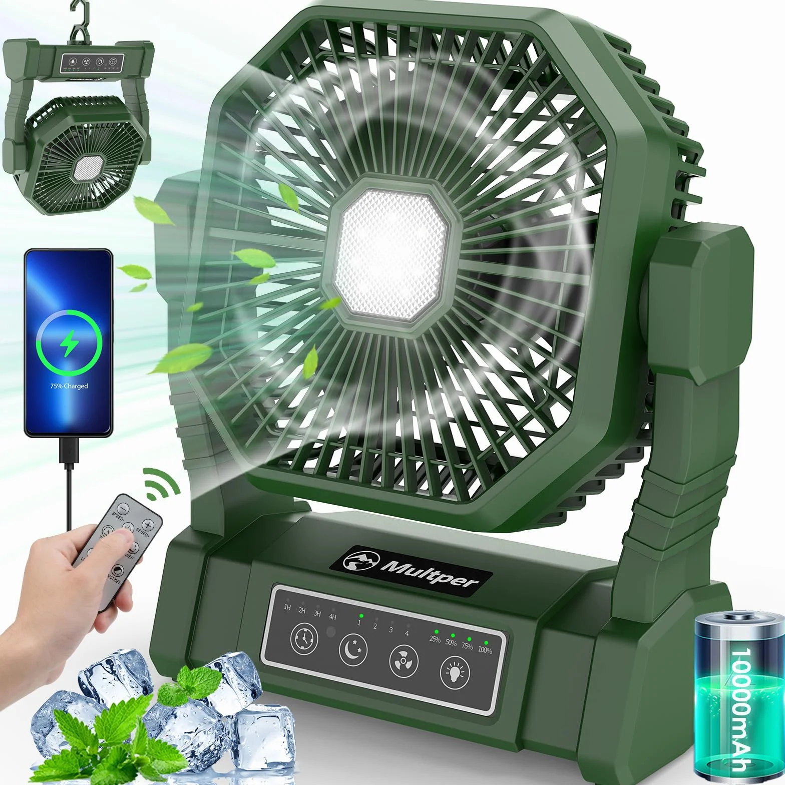 Camping Ventilador con Luz LED, Ventilador Recargable Portatil para Tienda de Campaña al Aire Libre con Remoto, Ventilador de Escritorio USB Potente de 4 Velocidades para Pesca,Corte de energía,Picnic