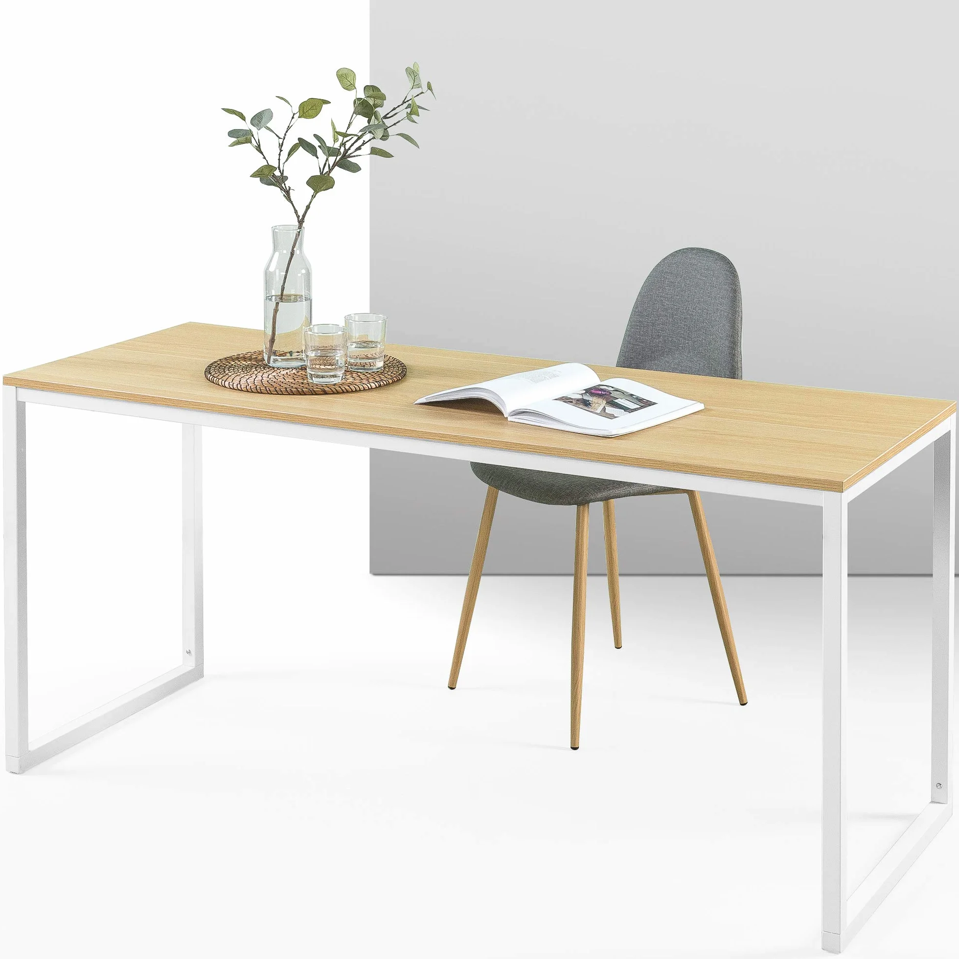 Zinus Jennifer Mesa Escritorio 160x60 cm - Altura 74 cm - Mesa Oficina Grande y Moderno - Metal y Madera - Montaje - Marrón y Blanco