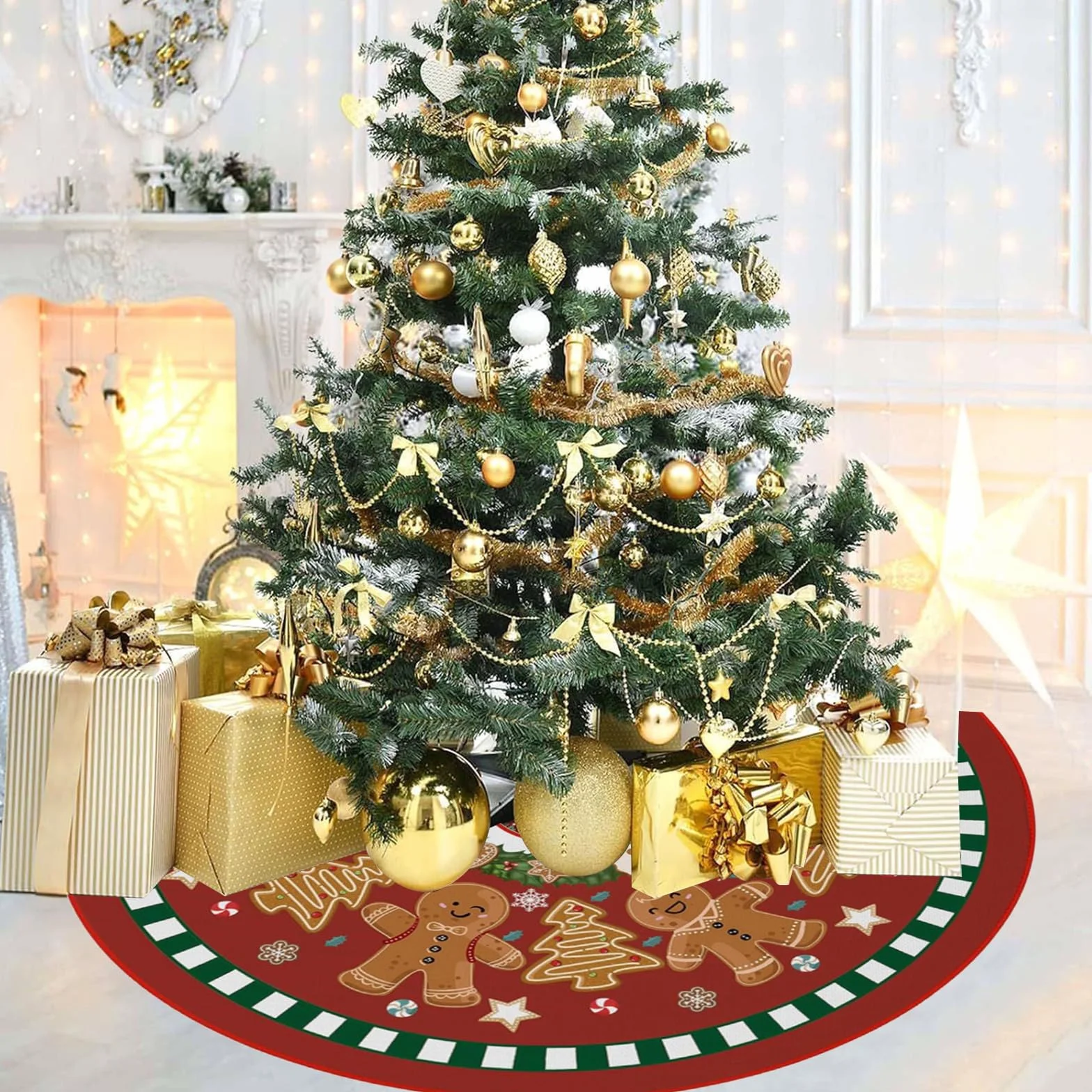 Falda de Árbol de Navidad 90cm Reno Redonda Base Manta Pie Decoración Muñecos de Jengibre