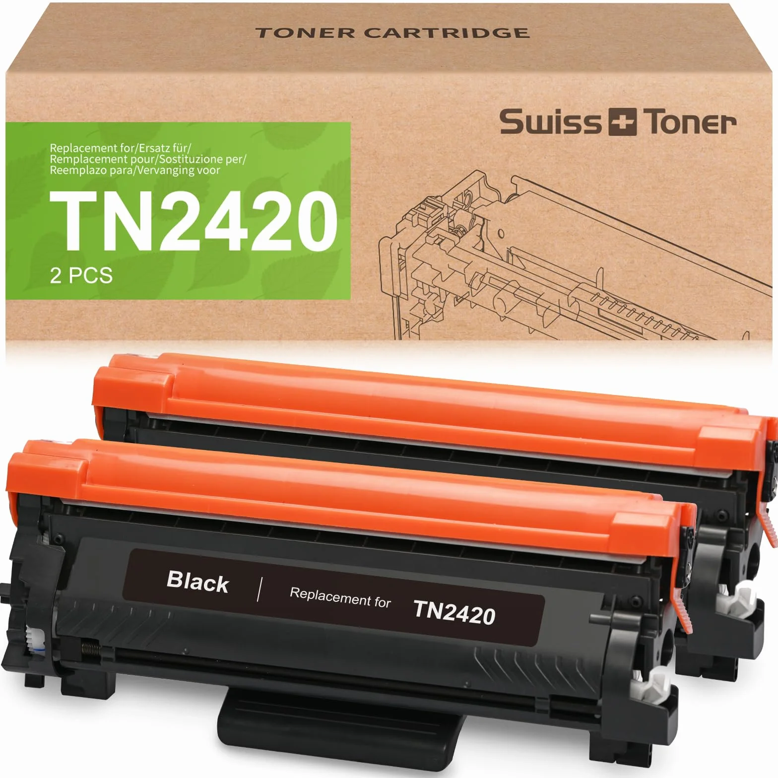 swiss toner TN2420 Cartucho de tóner Compatible con Tn2420 Toner Brother TN-2420 para Toner Brother MFC-L2710DW MFC-L2710DN MFC-L2730DW MFC-L2750DW HL-L2375DW DCP-L2510D DCP-L2530DW, 2X Negro