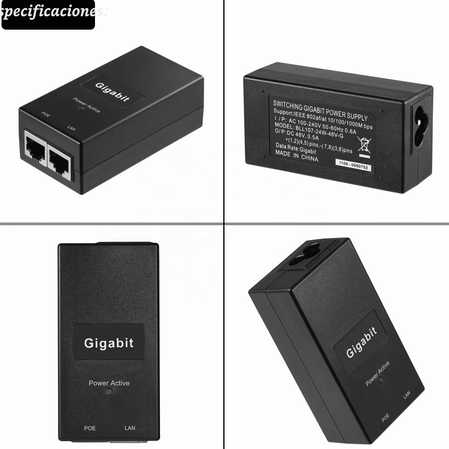 Inyector Gigabit PoE Adaptador, IEEE 802.3af/at Passive PoE+ Output, Potencia Salida 48V 0.5A, Gigabit 10/100/1000 Mbps, para Cámara IP/Ap/PTZ/videoteléfono, Plug and Play (D05A-G)