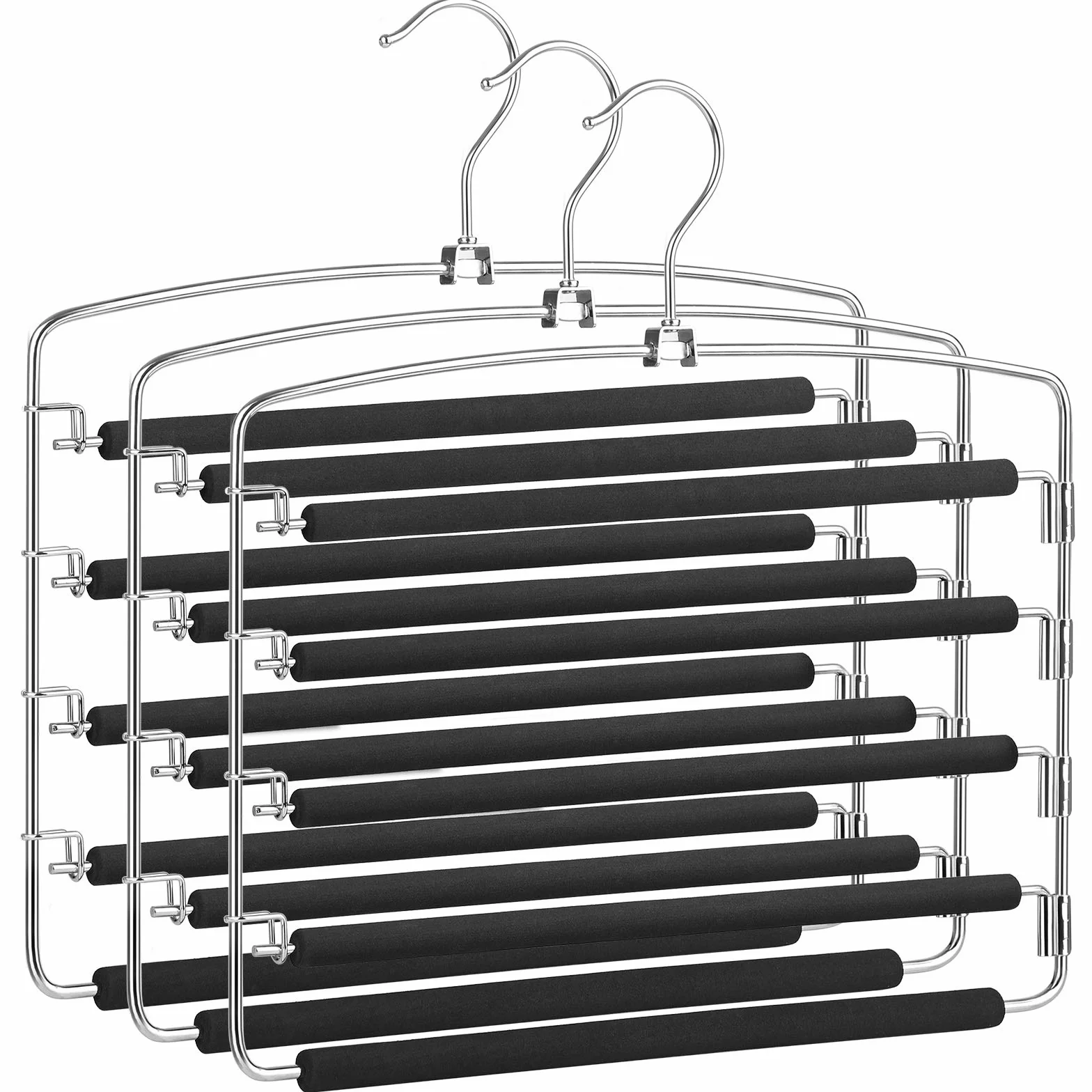 SONGMICS Perchas para Pantalones,Juego de 3, Metal,Multi-Barras,Ahorran Espacio,Estable con Acolchado Antideslizante, Barras de Columpio,para 5 Vaqueros Cada Una,Traje, Bufandas, Corbatas CRI041BK