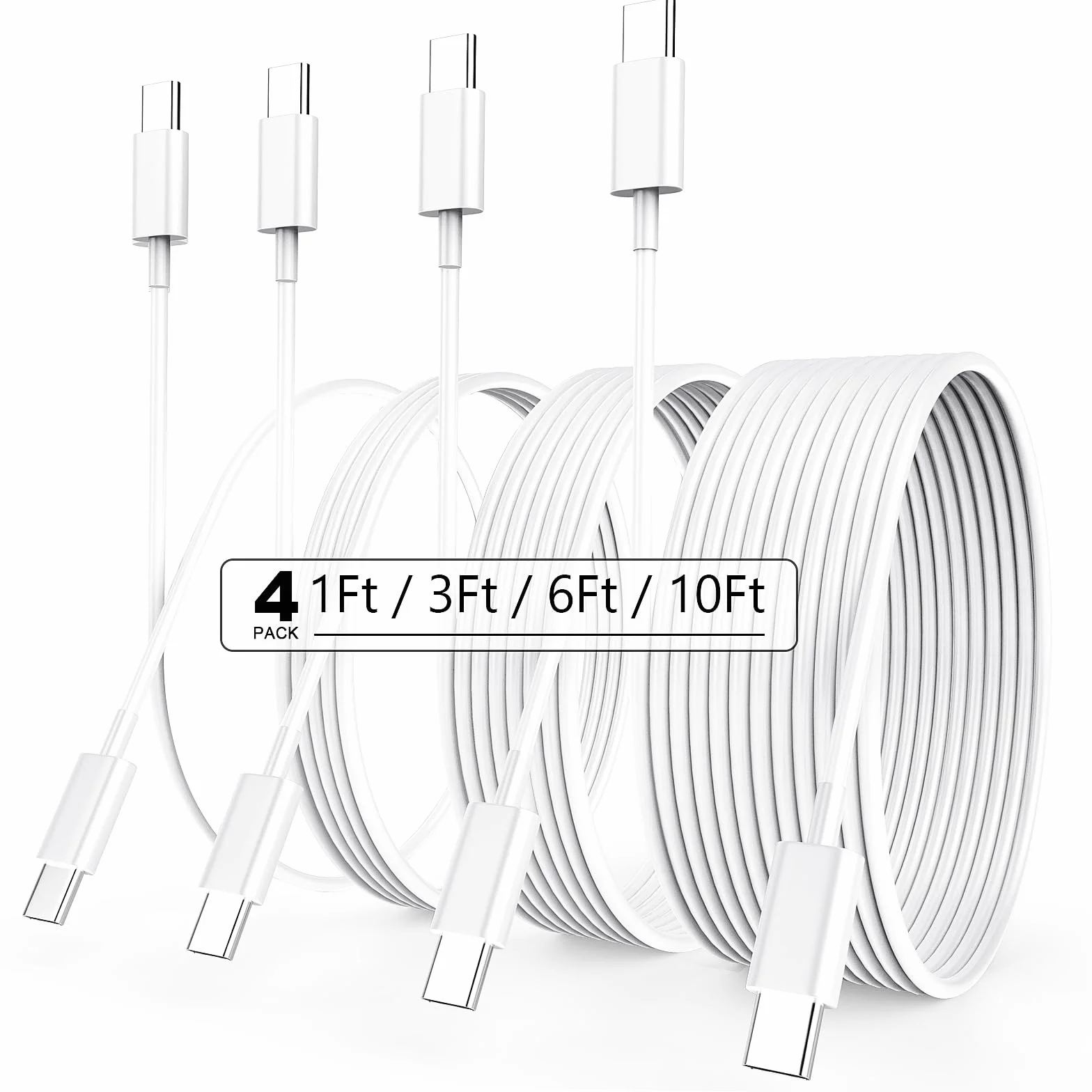 Cable USB C a USB C de 60 W, paquete de 4 [1 pie+3 pies + 6 pies + 10 pies] Cable de carga rápida USB C tipo C para iPhone 15 Pro Max/15 Pro/15 Plus/15, iPad Pro 2022, Mac Book Air, Samsung Galaxy S23