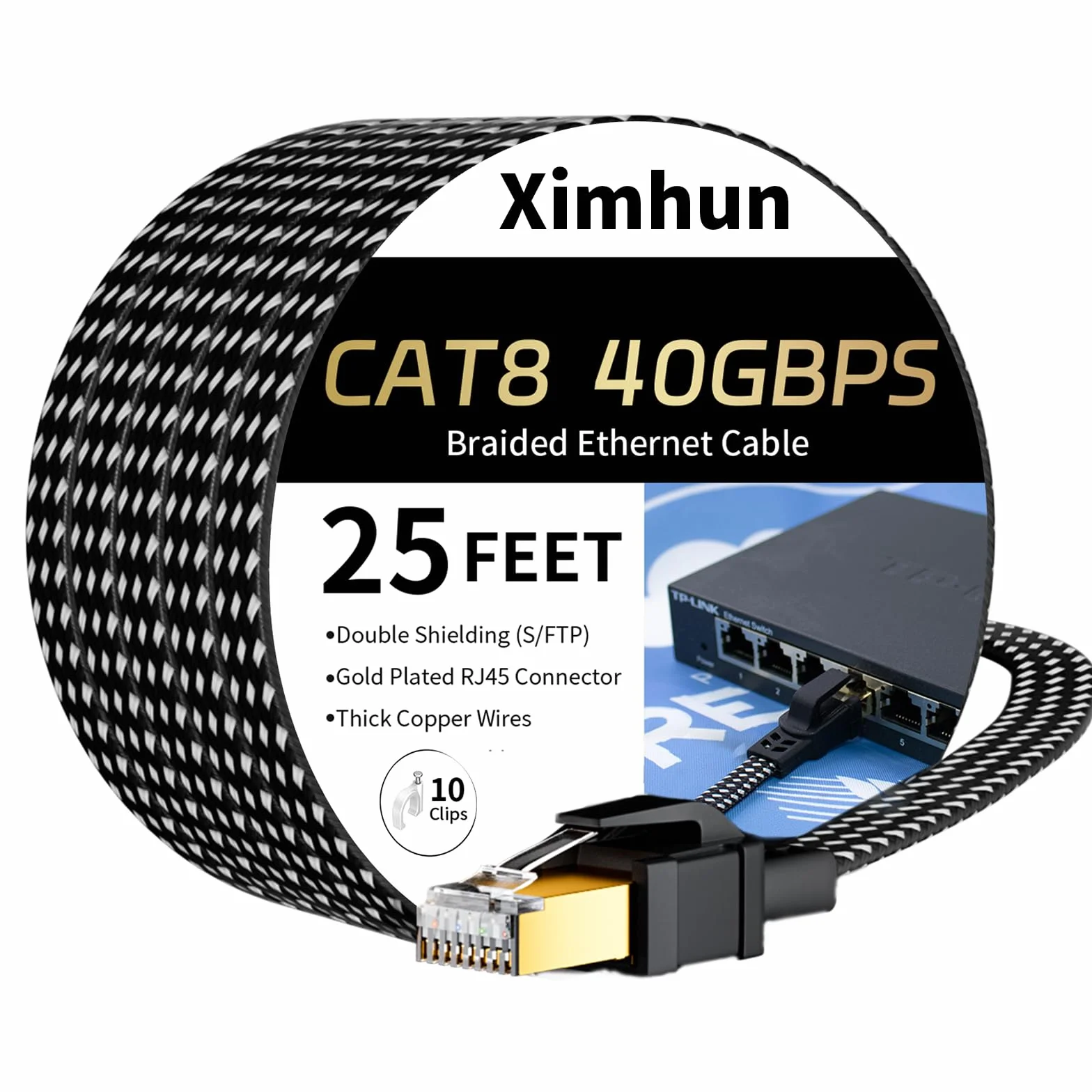 Cable Ethernet Cat 8 de 25 pies, cable de Internet trenzado de alta velocidad con conector RJ45, 40 Gbps, 2000 MHz, cable LAN resistente blindado para interiores