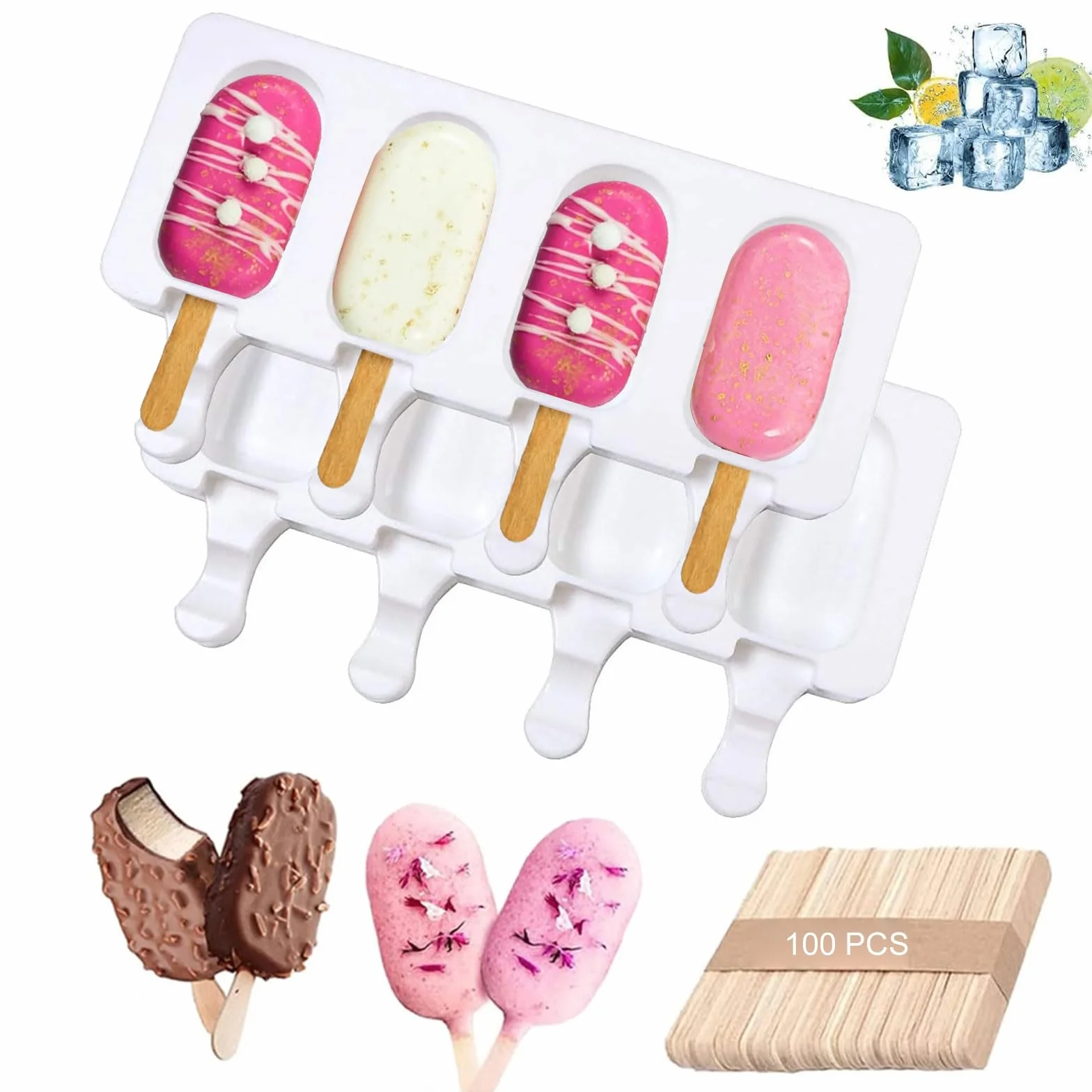 Moldes de Helado,8 Pack Juego de Moldes para Polos, 2 Unidades Molde de Silicona para Helados de Chocolate, con 4 Cavidades y 100 Palos de Madera, sin BPA Helado DIY
