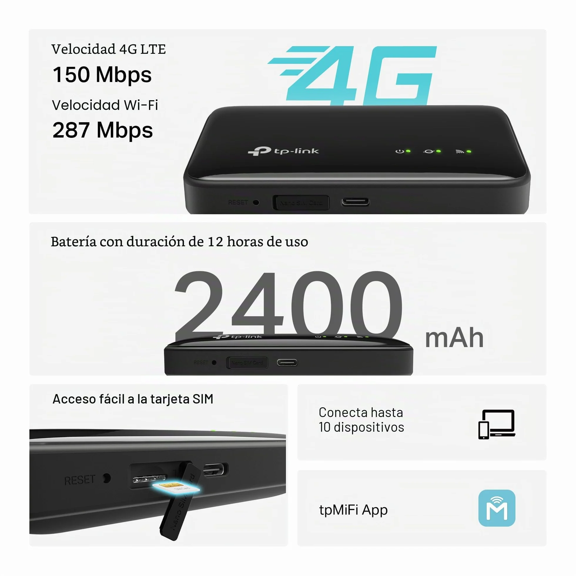 TP-Link M7005 - Router WiFi Portátil 4G LTE WiFi 6 AX287, Hotspot con SIM, hasta 150 Mbps, Batería 2400mAh 12h, Conecta 10 Dispositivos, App tpMiFi