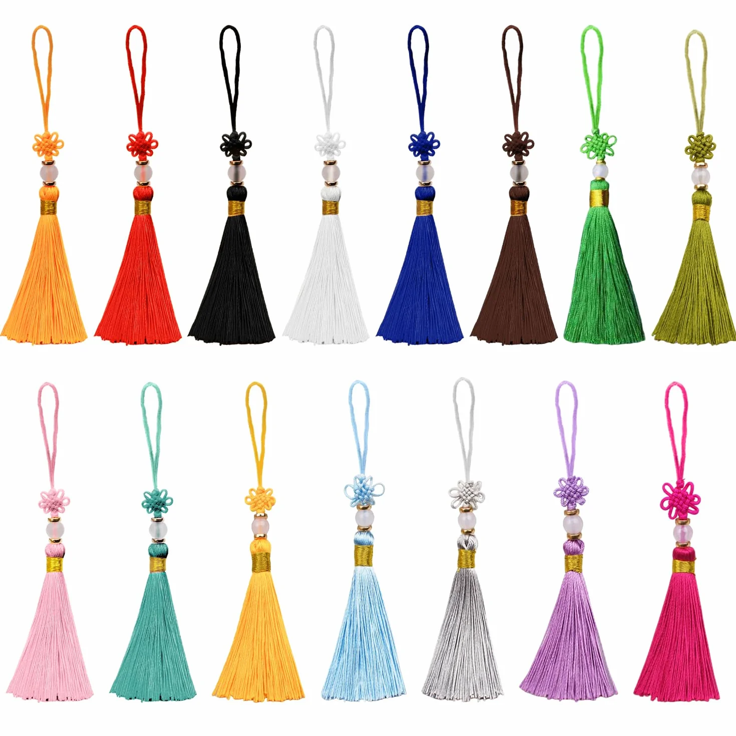 15 mini borlas, 15 colores, borlas hechas a mano con perlas con nudo chino para la fabricación de joyas, recuerdos, marcadores, accesorios de manualidades
