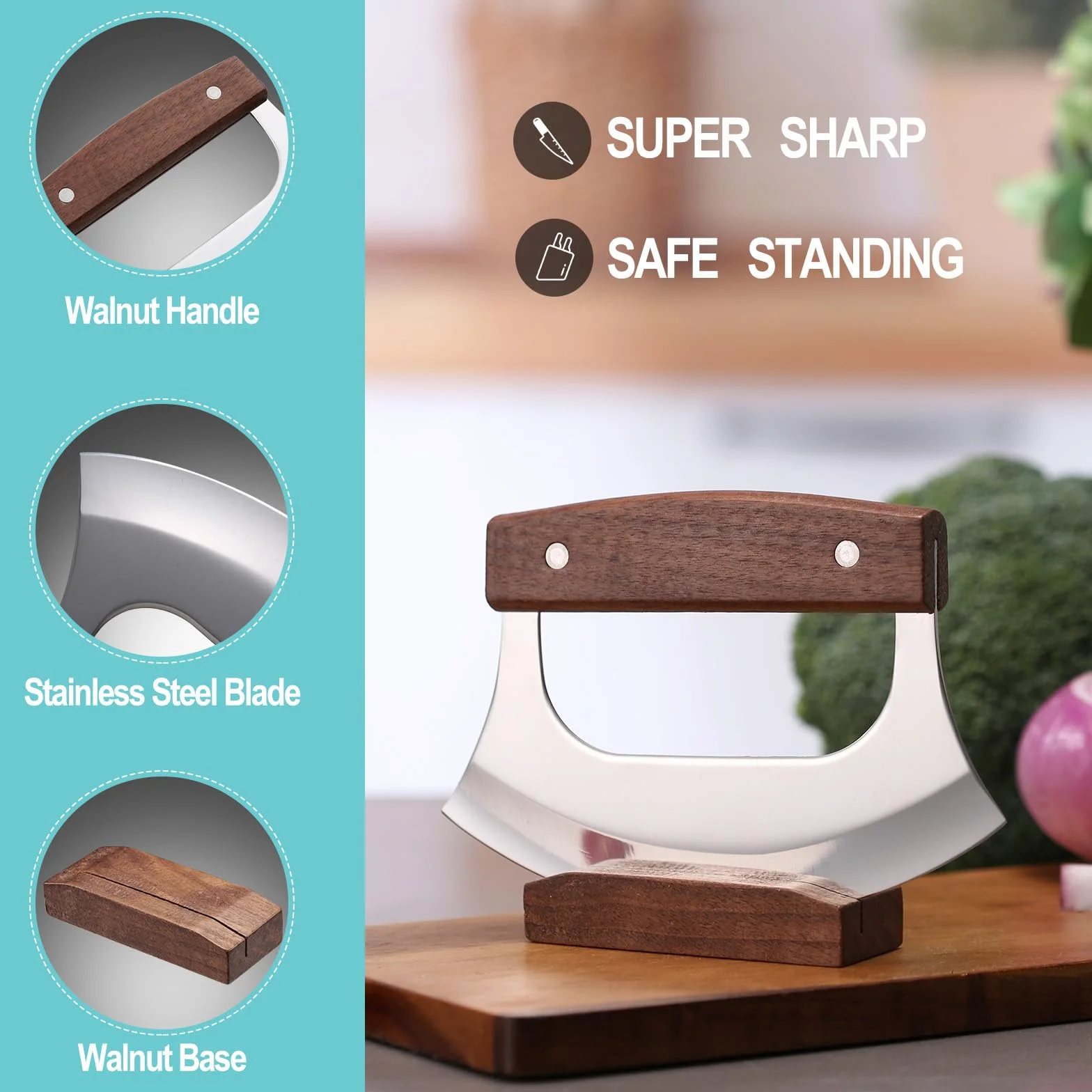 WEERSHUNCoowolf Ulu Knife Pizza Cutter Rocker Mezzaluna with Base Walnutwood Stainless Steel Blades for Chopping Herbs Salads