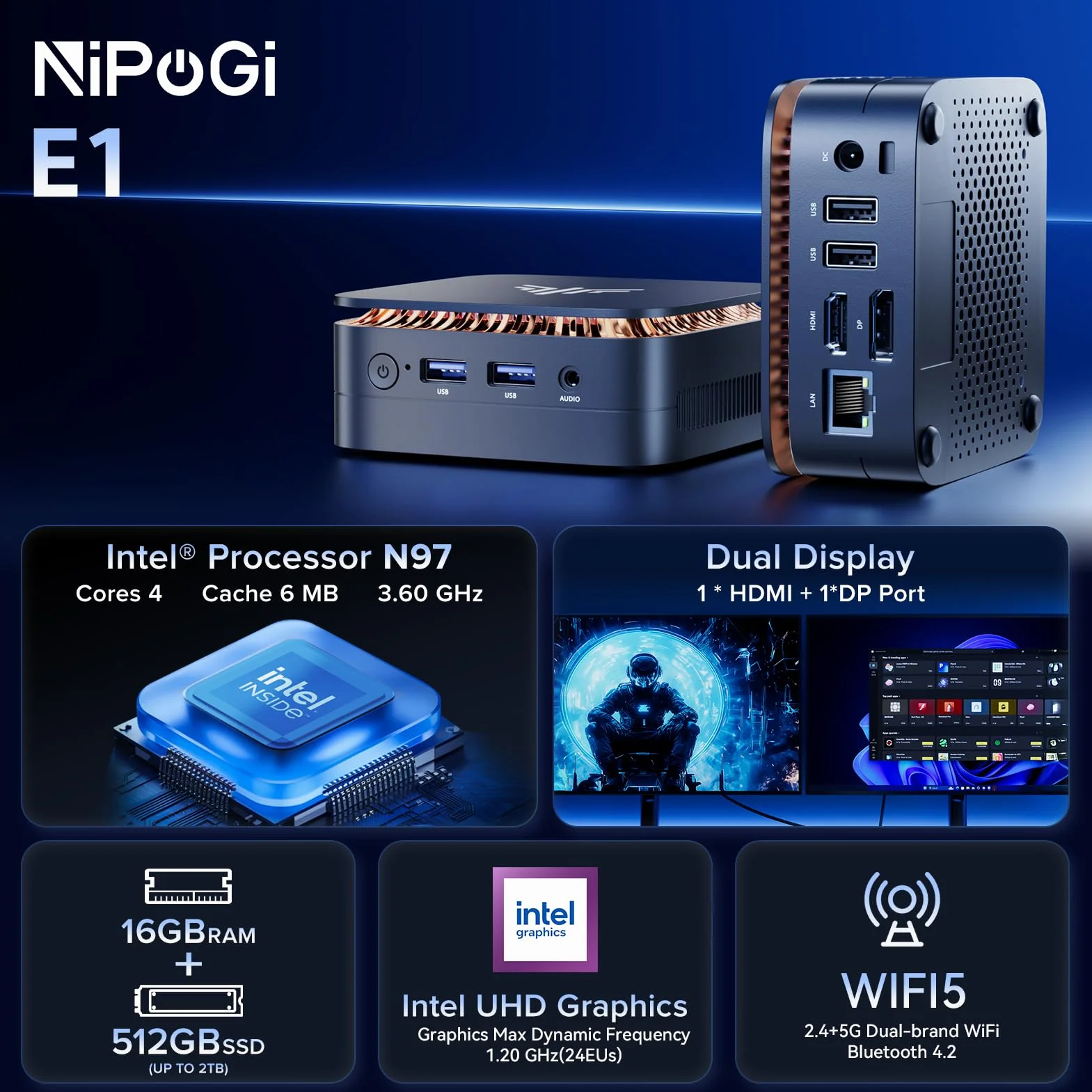 NiPoGi Essenx E1 Mini PC Ιntel Alder Lake-N97 (hasta 3.6GHz) 16GB DDR4 512GB SSD, Mini Ordenador/Gigabit Ethernet/2.4+5G WiFi/BT4.2/HDMI 2.0+DP 1.4 Doble Pantalla 4K@60Hz UHD