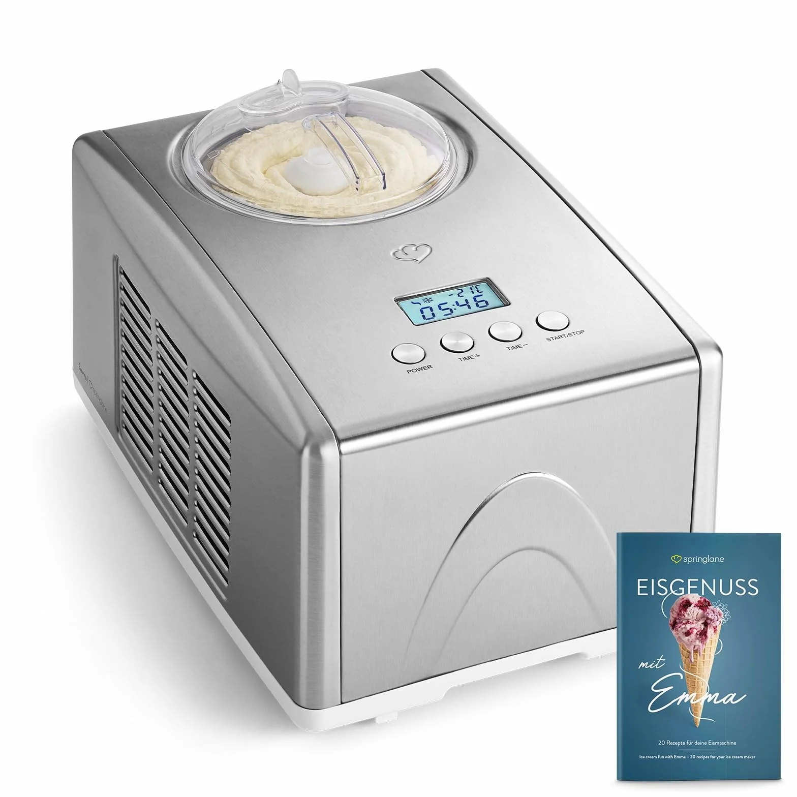 SPRINGLANE Máquina para hacer helados caseros EMMA, Ice cream maker, Heladera con compresor 1,5 l, recipiente extraíble y pantalla LCD + Libro de recetas