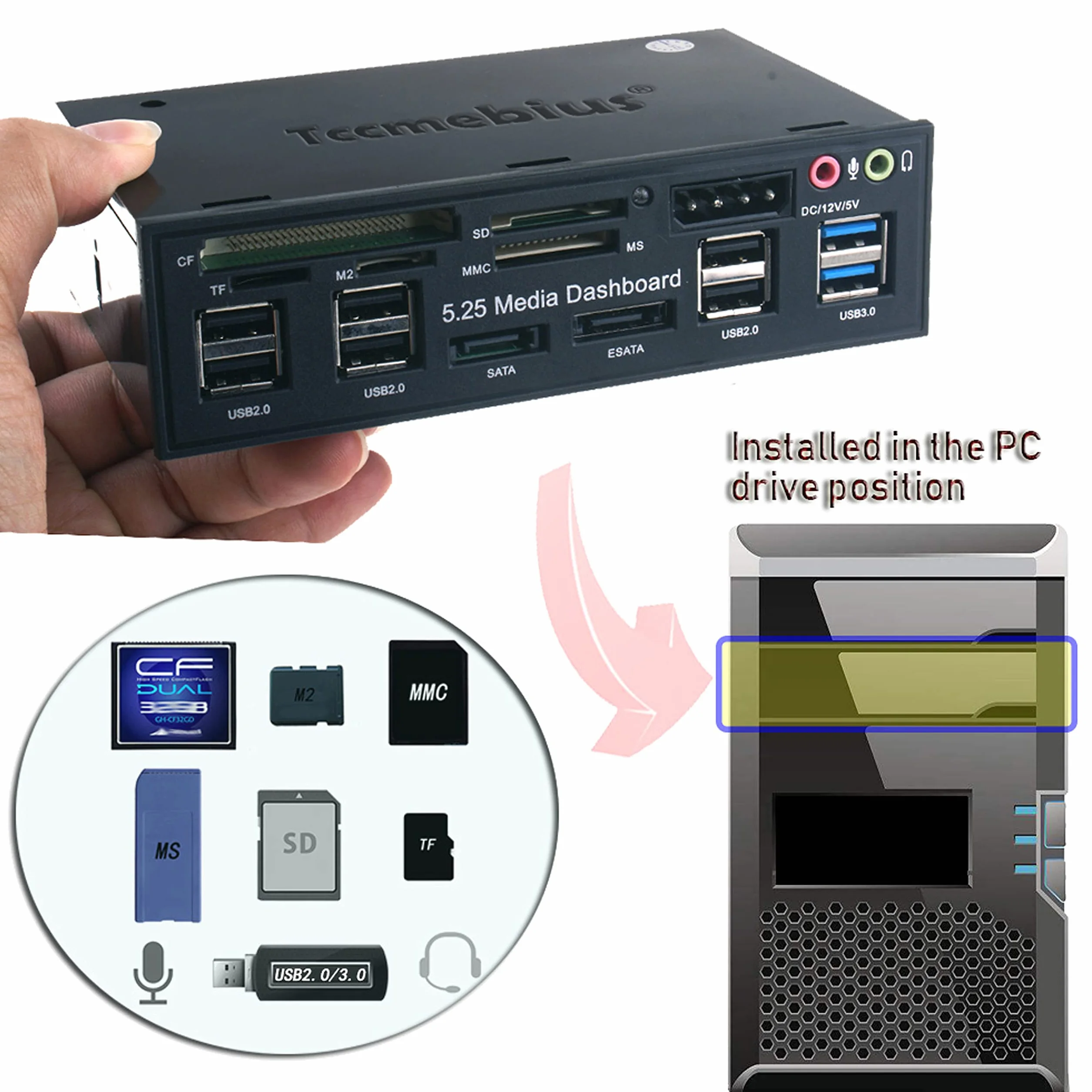 TCC-QL5E 5.25 Pulgadas PC Multifunción Salpicadero Medios de Comunicación Panel Frontal, con SATA e-SATA USB 2.0 3.0 Hub Audio Puertos y 5-en-1 Lector de Tarjetas (SD/MMC/CF/MS/TF/M2)