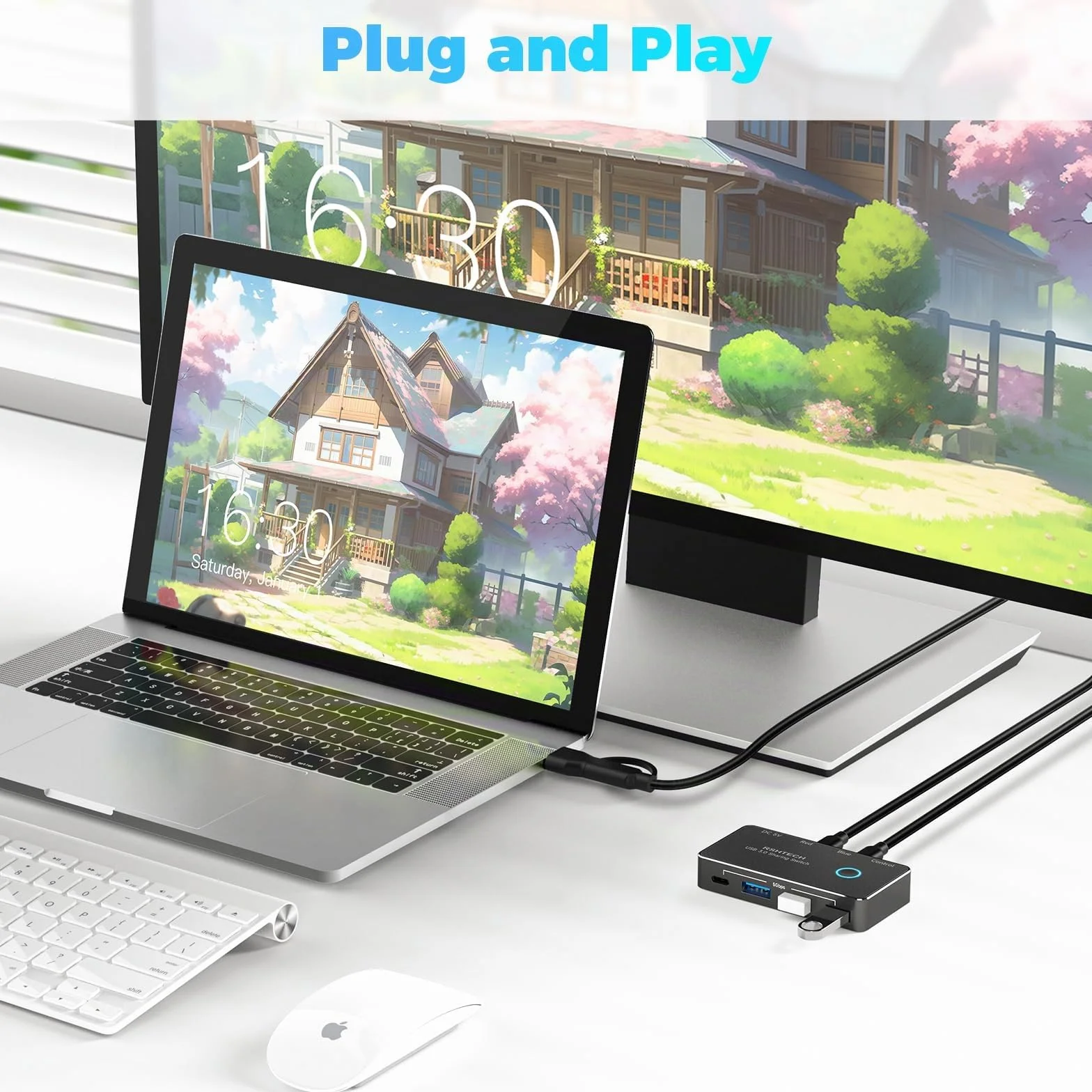 RSHTECH Switch USB 3.0/USB-C para 2 Computadoras Que Comparten 4 Puertos de Datos USB 3.0 (1C+3A), Selector Conmutador USB con 2 Cables y Control Remoto para PC, Portátil, Teclado, Ratón e Impresora