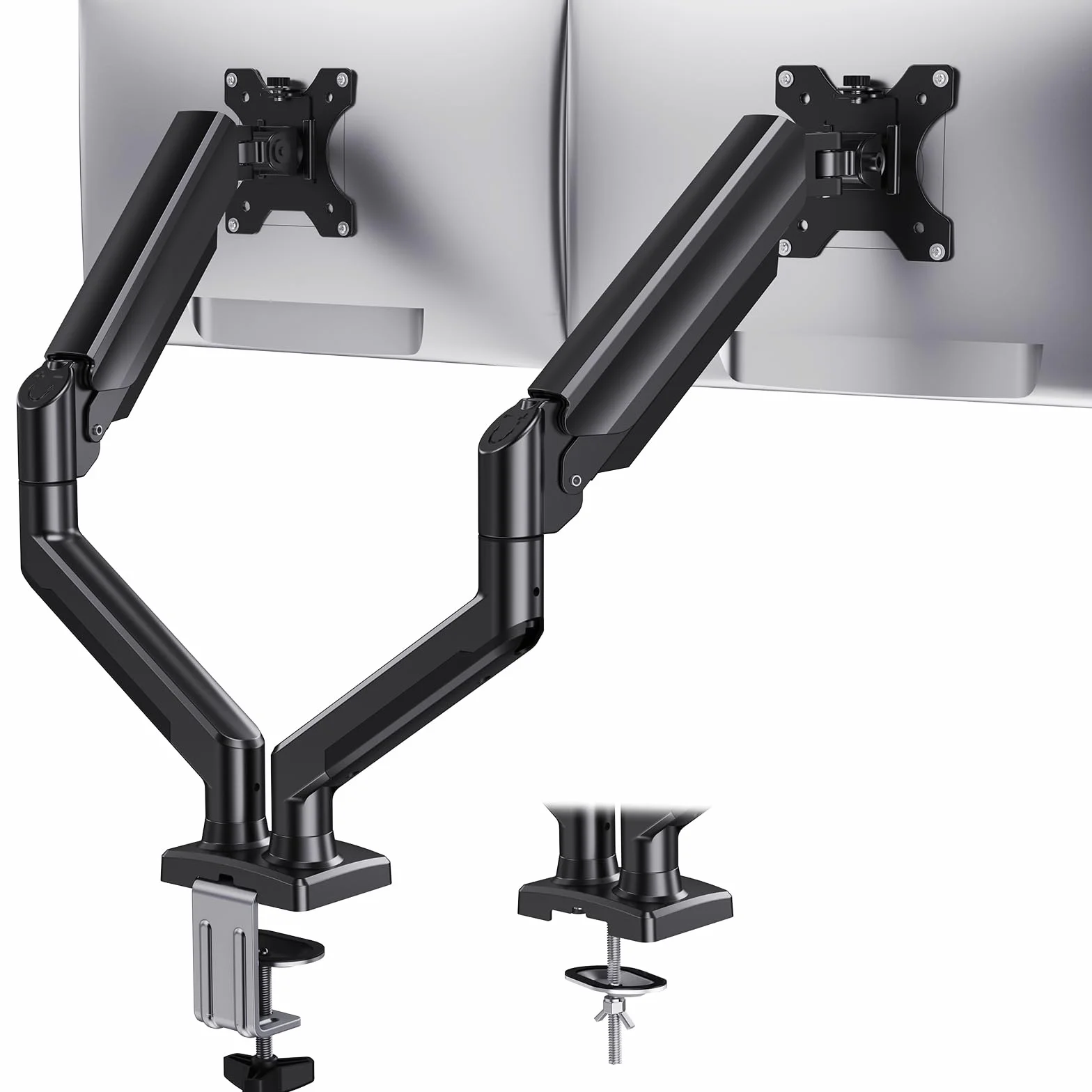 HUANUO Soporte Monitor Doble para 2 Monitores hasta 32 pulg, Cada Brazo Soporta MAX. 10kg, Brazo Monitor Doble con Ajustable en Alt/Inclin/Gir/Rot, Estándar VESA 75mm o 100mm