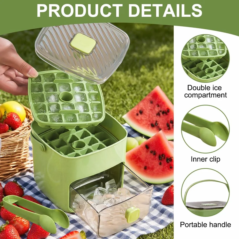 Máquina de cubitos de hielo 48 rejillas con tapa de presión y caja de almacenamiento, juego de moldes reutilizables con cajón
