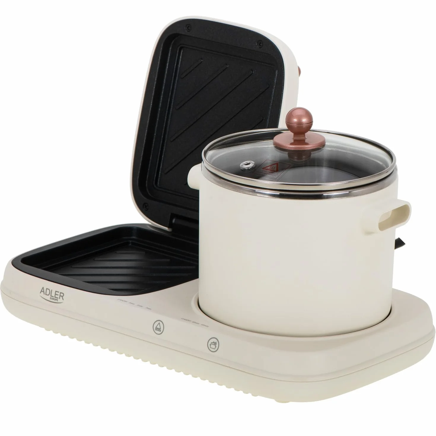 ADLER EUROPE AD 6421 Estación de Desayuno 2 en 1 con Olla de Cocción 1,0 L y Parrilla Antiadherente 1100-1320W
