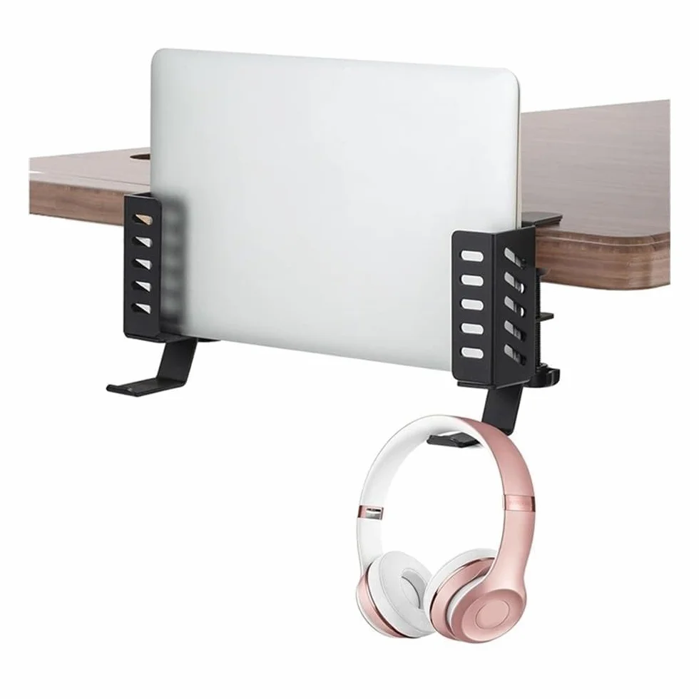 Soporte Vertical for portátil de Escritorio, de Metal, sin taladros, con Ganchos(Negro)