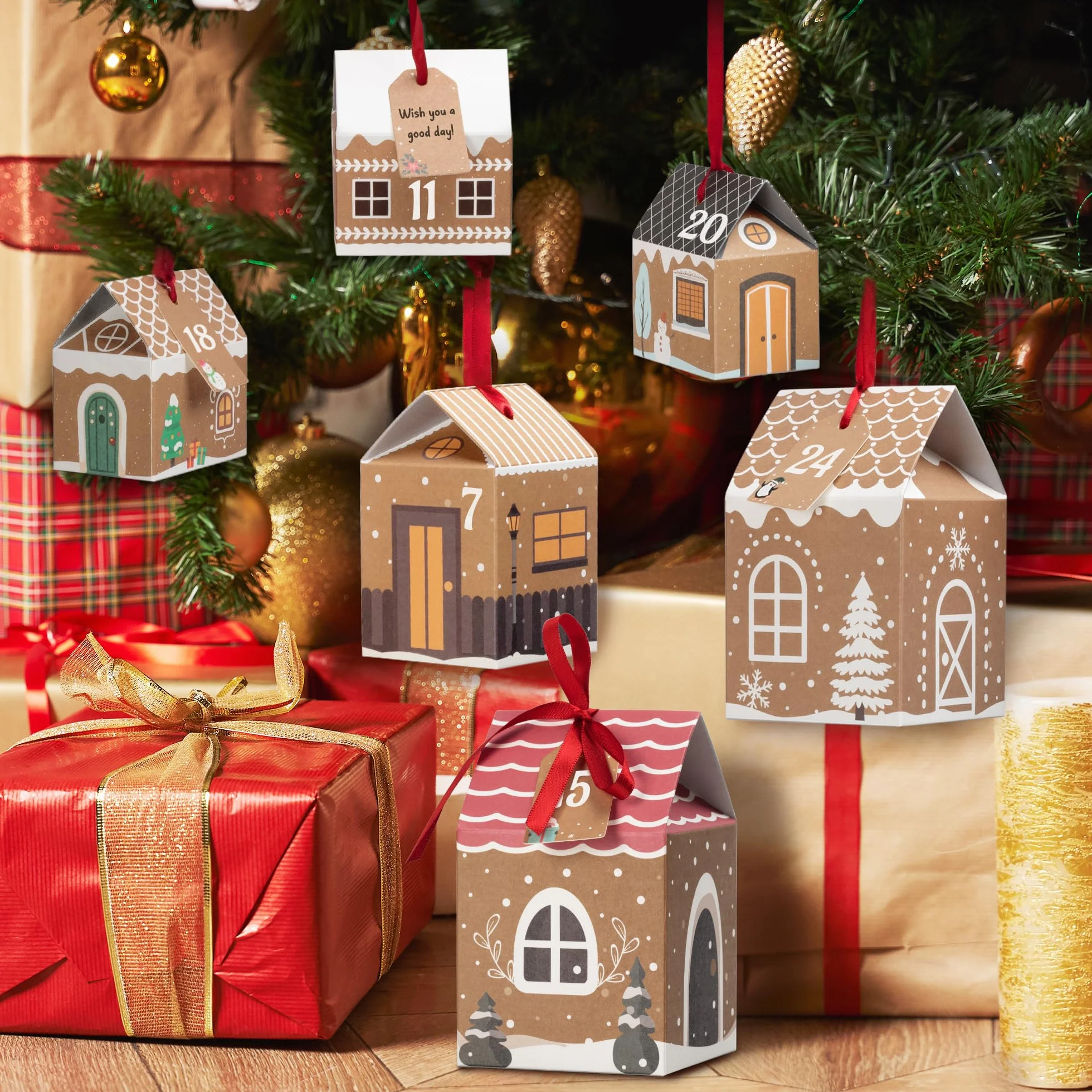 Calendario de Adviento DIY Kit 24 Casas con Pegatinas, Cintas y Etiquetas