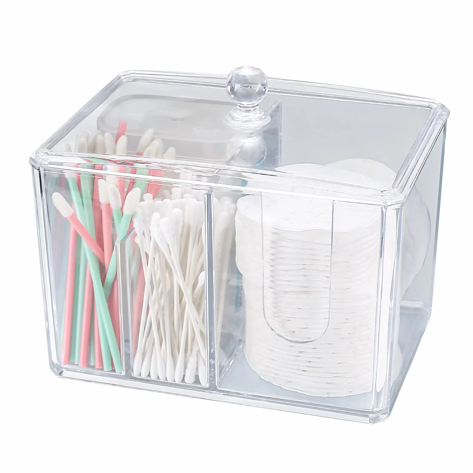 Caja de Acrílico de Bastoncillos de Algodón con Tapa, Caja Transparente de Hisopos de Algodón, Caja de Almacenamiento Dispensador de Disco para Organizador de Bolas de Hisopo Baño
