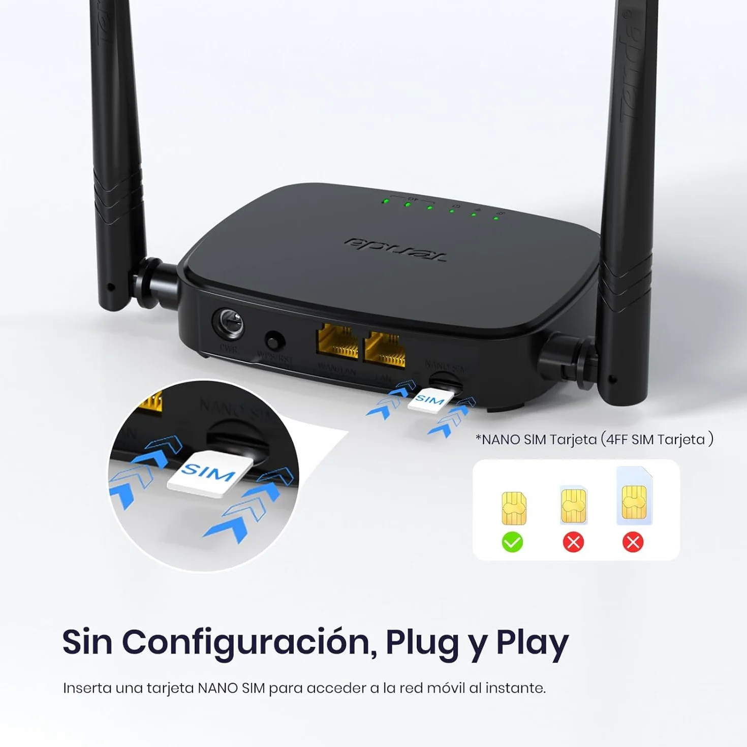Tenda 4G03 Pro - Router 4G SIM, Wireless LTE CAT4, Router 4G con Tarjeta SIM Velocidad hasta 300Mbps, Plug&Play, LAN/WAN Ethernet Port, Charge with Powe Bank, Compatible con múltiples operadores