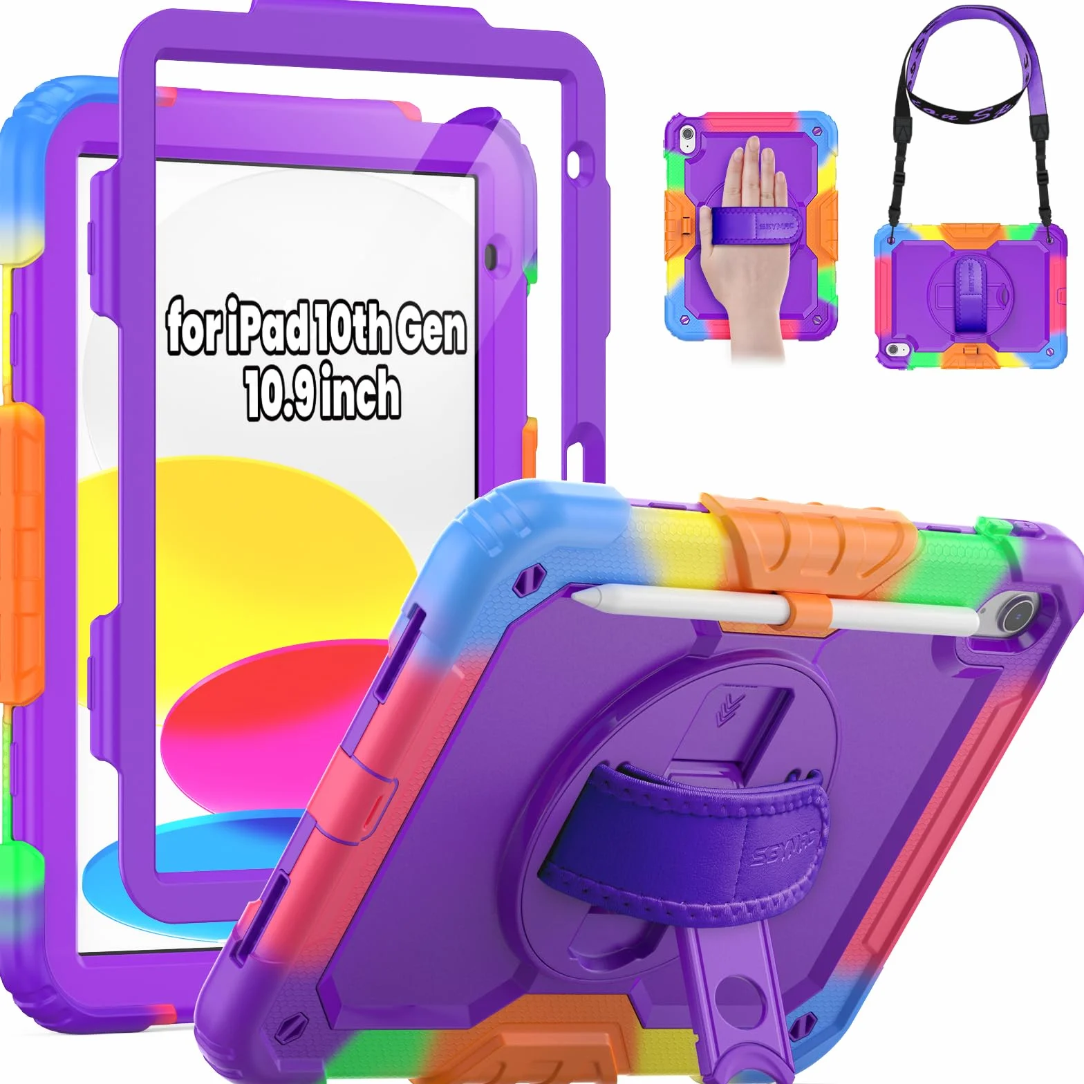 SEYMAC Funda para iPad (A16) 11/10 Generación 2025/2022 (11/10,9 Pulgadas), Resistente a los Golpes con Protector de Pantalla, Soporte Giratorio de 360°, Soporte para Lápiz, Camuflaje Morado