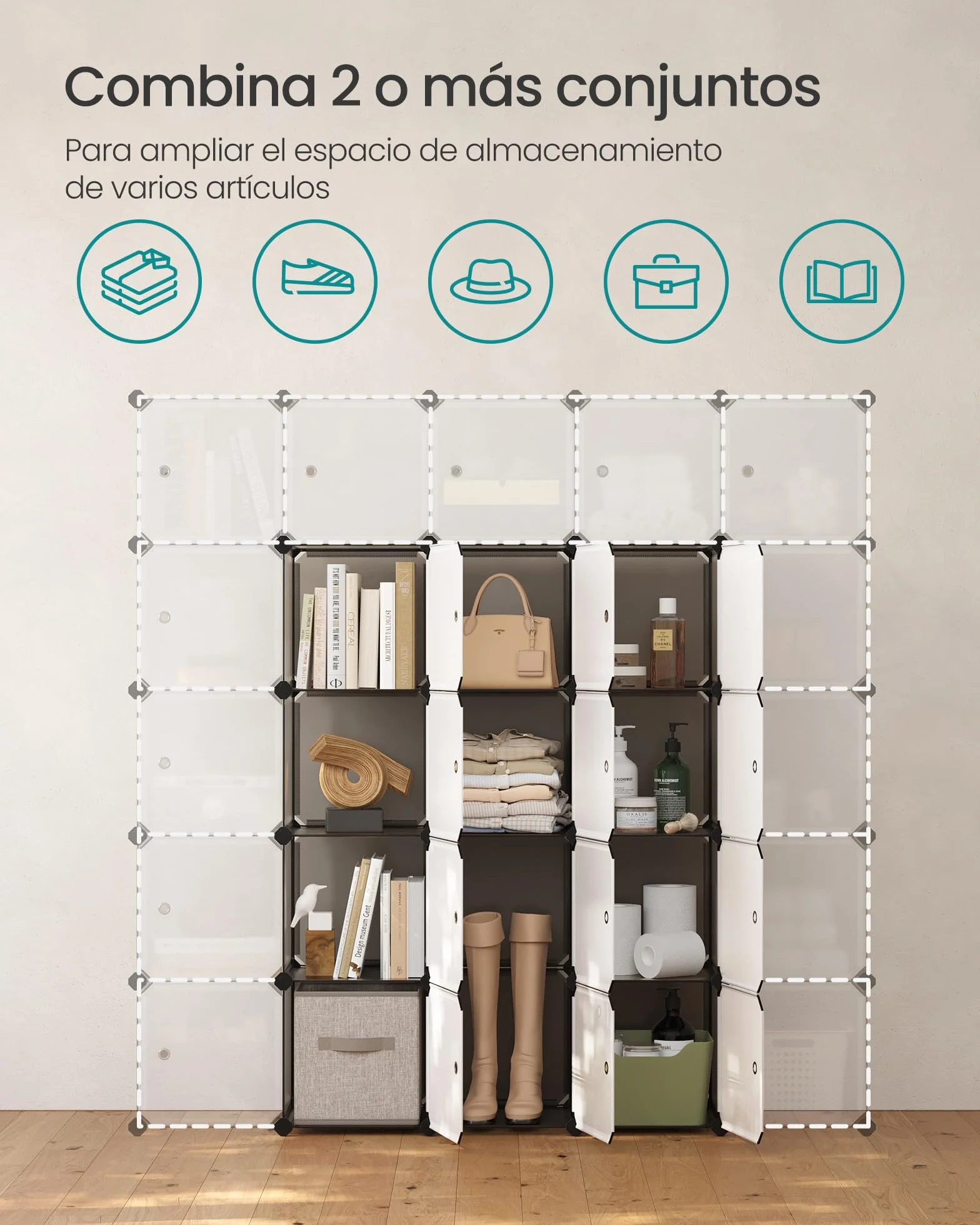 SONGMICS Estantería Modular 16 Cubos con Puertas Gris y Blanco
