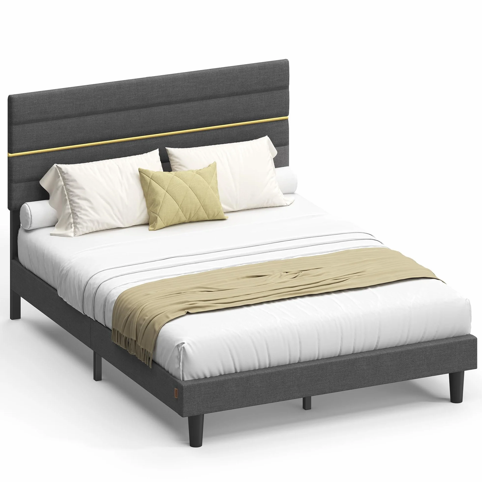 VASAGLE Marco de Cama Matrimonial, Marco para Colchón de 135 x 190 cm, Cabecero Acolchado Ajustable, Metal y Madera, Estilo Moderno, Gris Pizarra RMB506GN01
