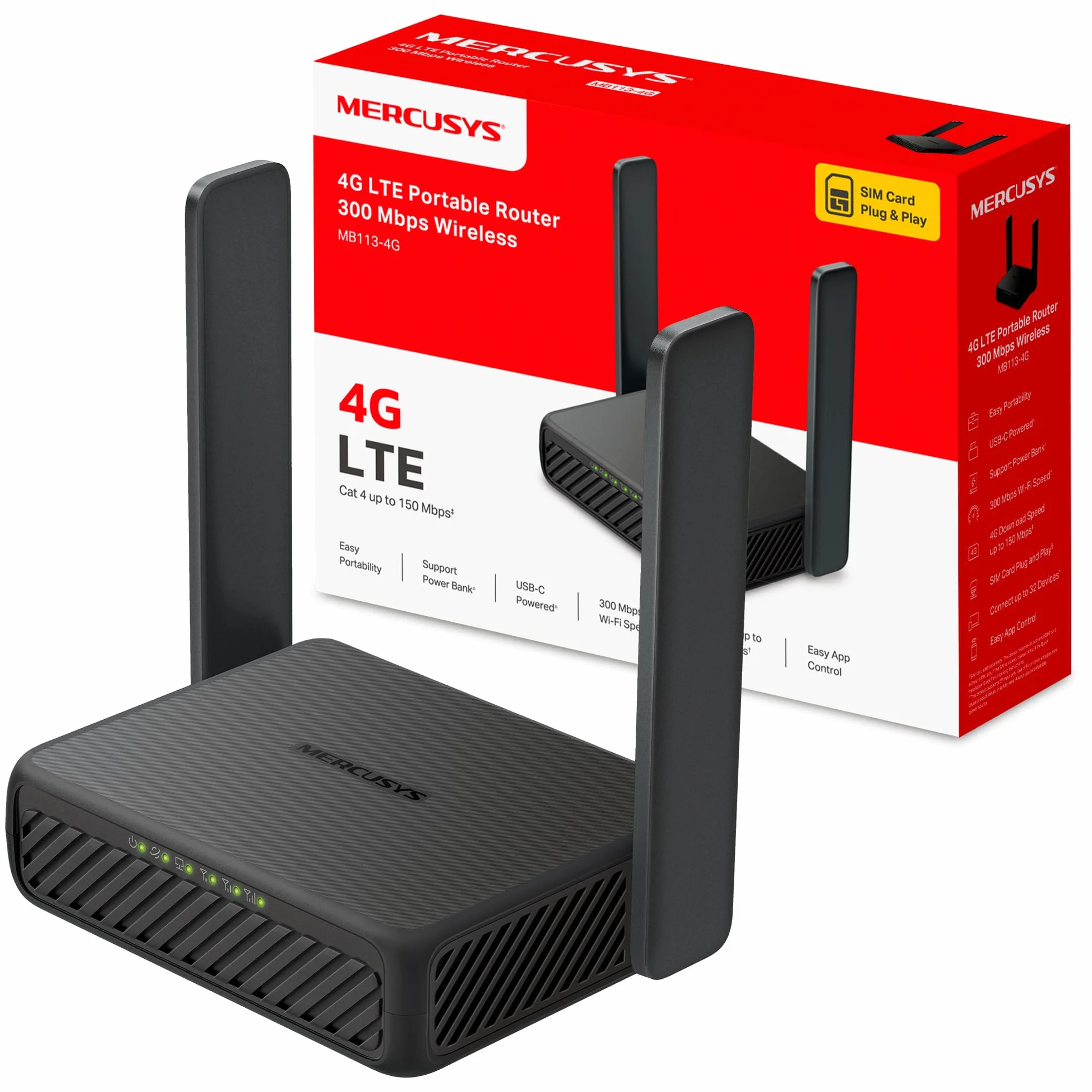 MERCUSYS MB113‑4G - Router 4G LTE Portátil, Wi‑Fi N‑300 hasta 32 Dispositivos, SIM Nano Plug & Play, USB‑C Powerbank y VPN