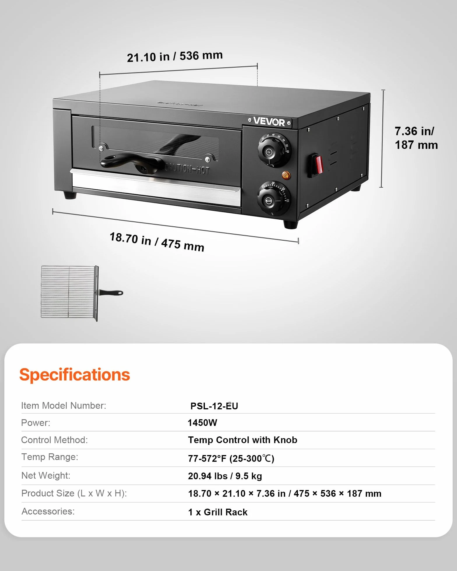 VEVOR Horno Eléctrico para Pizza, 1450W, 25-300°C, 475x536x187mm, Control de Tiempo y Temperatura
