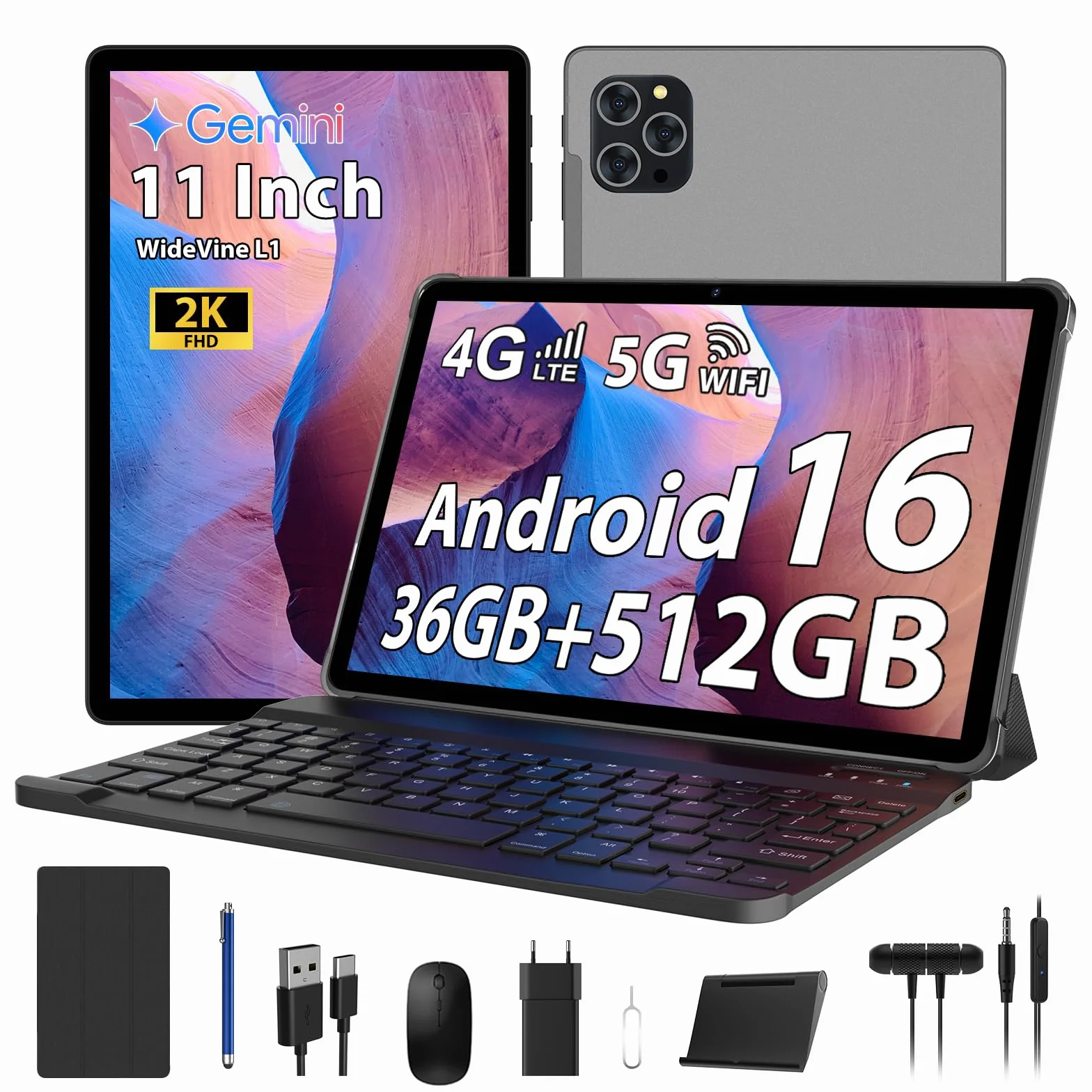 Tablet 11 Pulgadas Android 16 con 36GB RAM+512GB ROM (2TB TF), 4G LTE & 5G WiFi, Octa-Core 2.0GHz, 8000mAh, 13MP+8MP, Widevine L1,Gemini AI, GPS, BT 5.0, Tablet con Teclado, Gris
