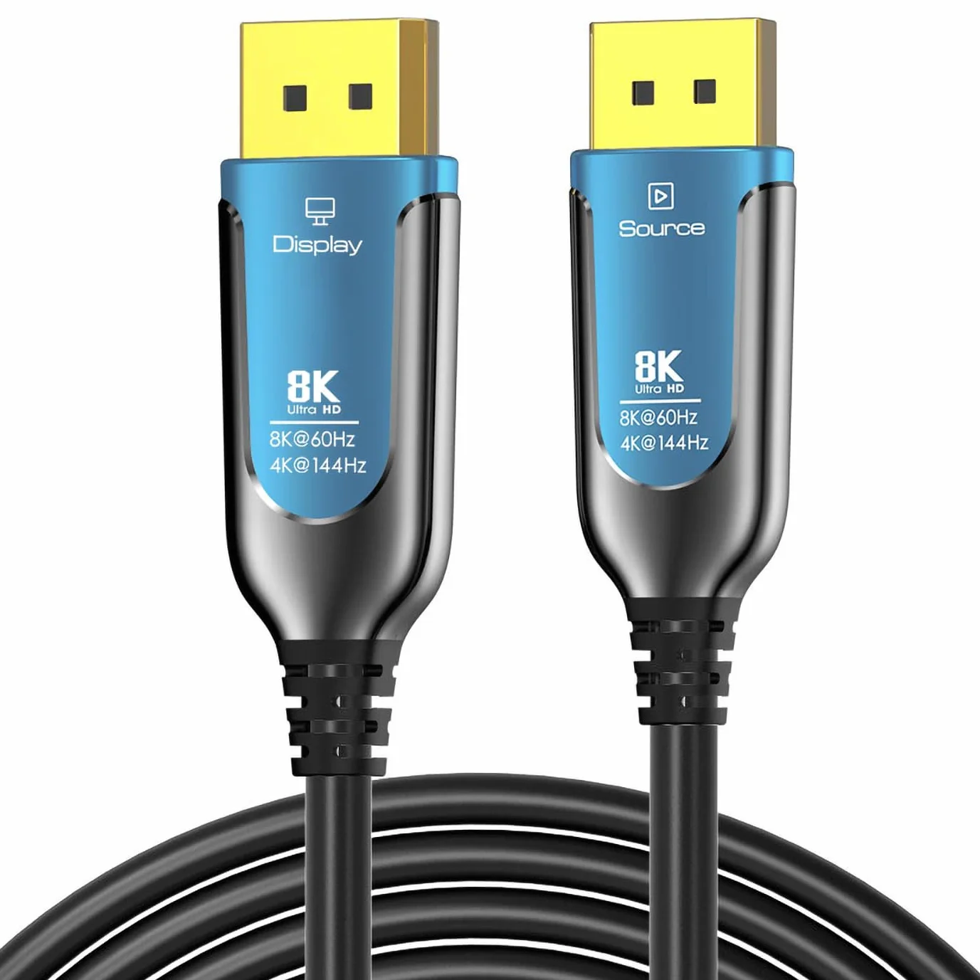 PremiumCord Cable óptico 8K DisplayPort 1.4 M/M 10 m, enchufe a enchufe, 32,4 Gbps, vídeo 8K@60Hz, 5K@60Hz, 4K@60Hz 2160p, conectores chapados en oro, azul/negro
