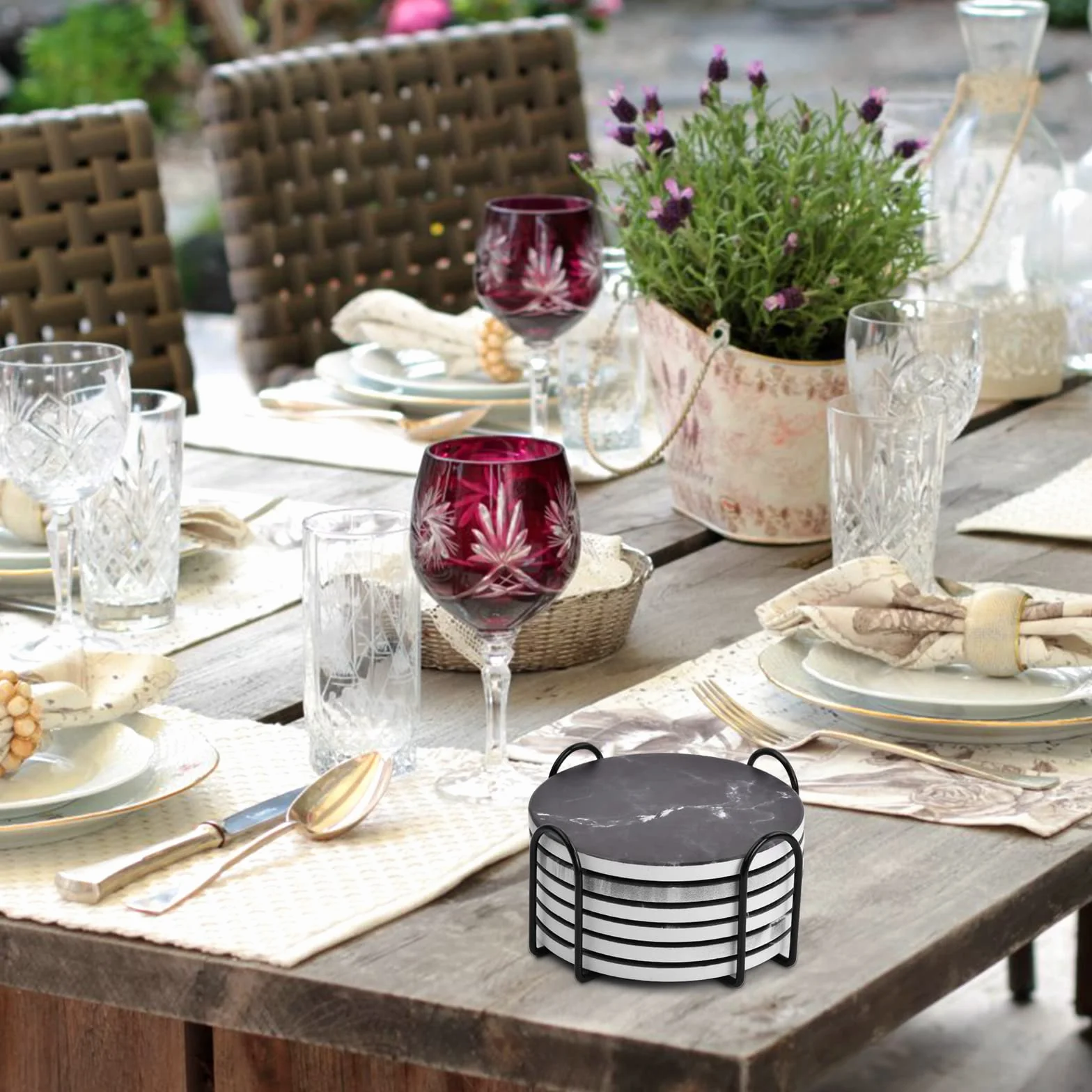 Posavasos Cerámicos Absorbentes con Soporte Set de 6 Base de Corcho Blanco