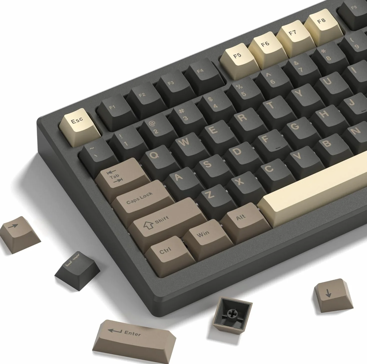 Keycaps 138 Double Shot, Cherry PBT Keycaps - Tapas para teclas de sublimación ANSI US 60 65 75 100% para 61/64/68/84/87/100/104/108 Retro Gaming Teclado Mecánico, Marrón Gris