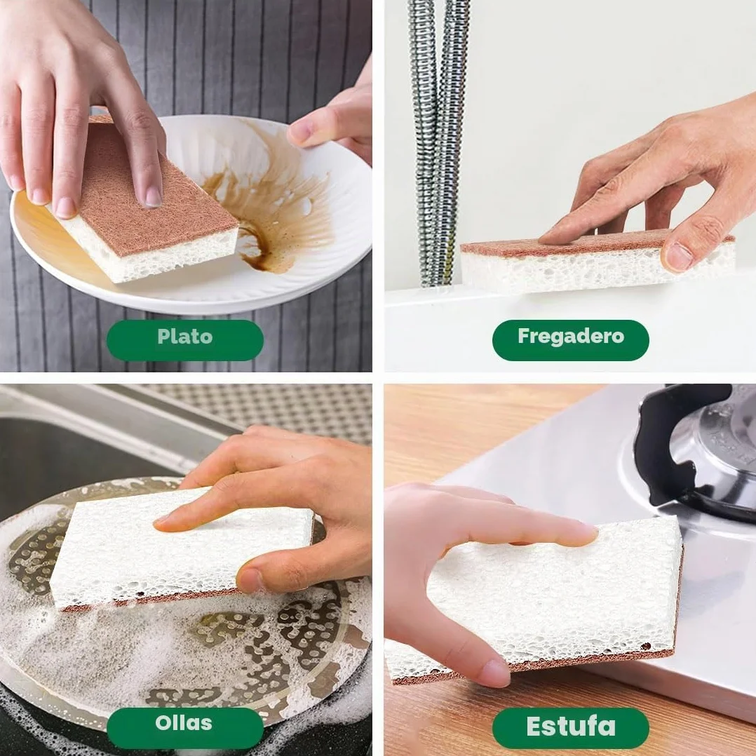 Set de 12 esponjas de cocina naturales HOMEXCEL, doble cara, resistentes a arañazos, celulosa segura para sartenes antiadherentes