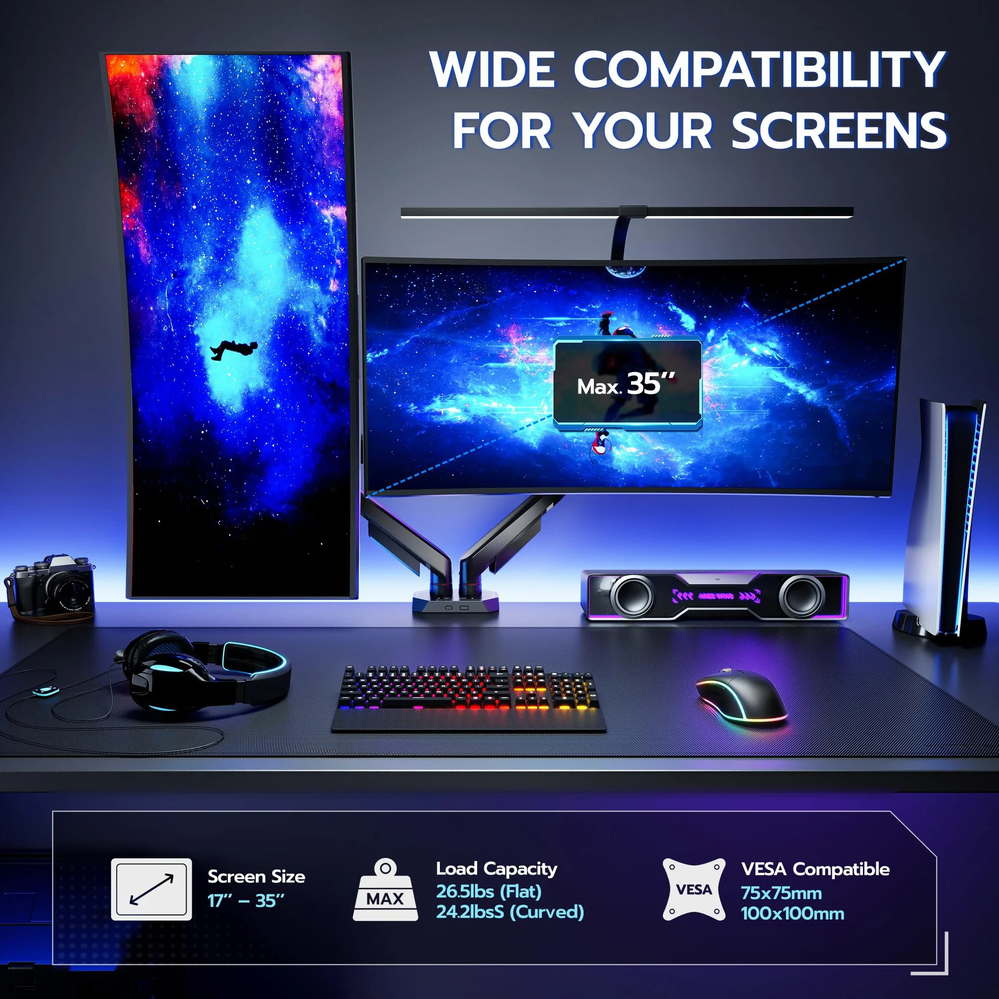 Ares Wing Soporte Monitor Doble 17-35", Brazo Ajustable 12 kg/Arm, Negro | Brazo monitor ergonómico con giro 360°, inclinación, altura ajustable, VESA 75/100mm y gestión de cables