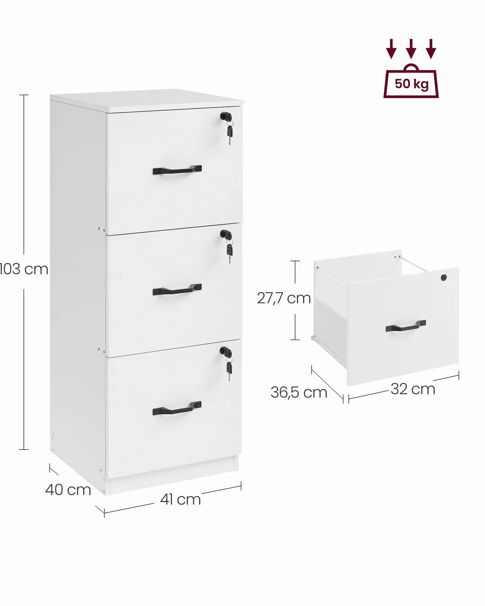 VASAGLE Armario de Oficina Archivador con 3 Cajones Bloqueables para Formato A4, Blanco Nube OFC055W14