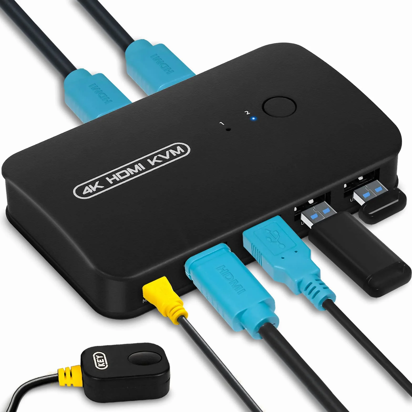 HDMI KVM Switch, Conmutador KVM USB 2.0 para 2 PCs compartir 1 Monitor y 3 dispositivos USB, Teclado, Ratón, Impresoras, Escáneres
