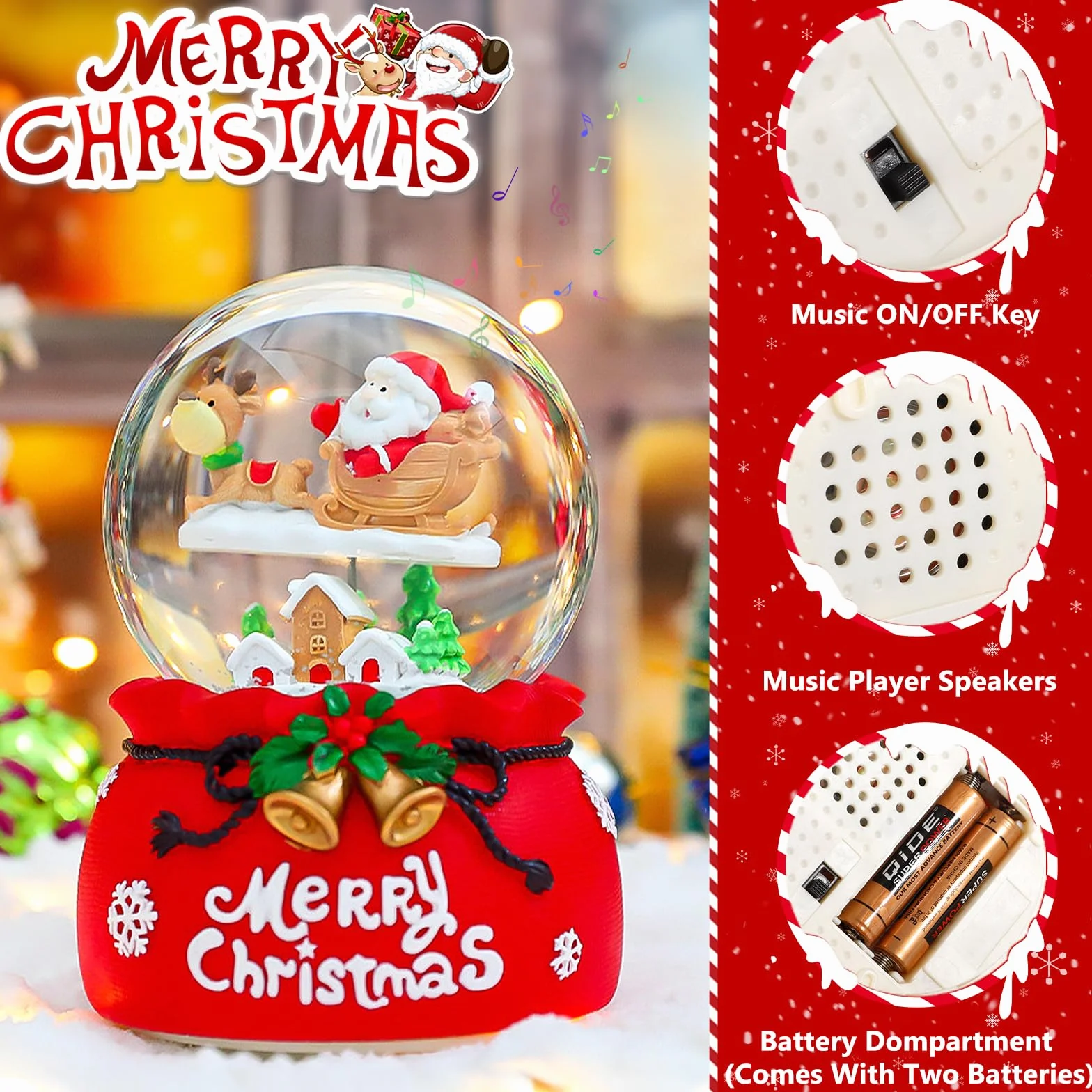 Bola de Nieve Navidad Papá Noel Renos Ø 8,5x13,5cm Música Luces Cristal Decoración