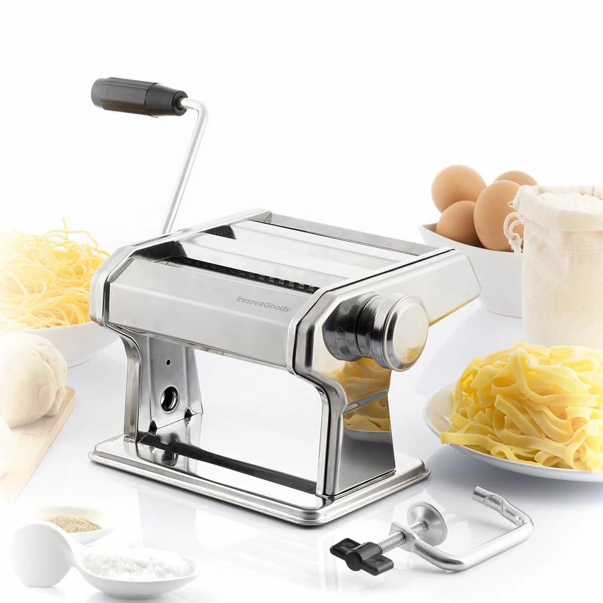 Máquina de pasta fresca InnovaGoods, manual con 3 rodillos, ajustable, metal, gris