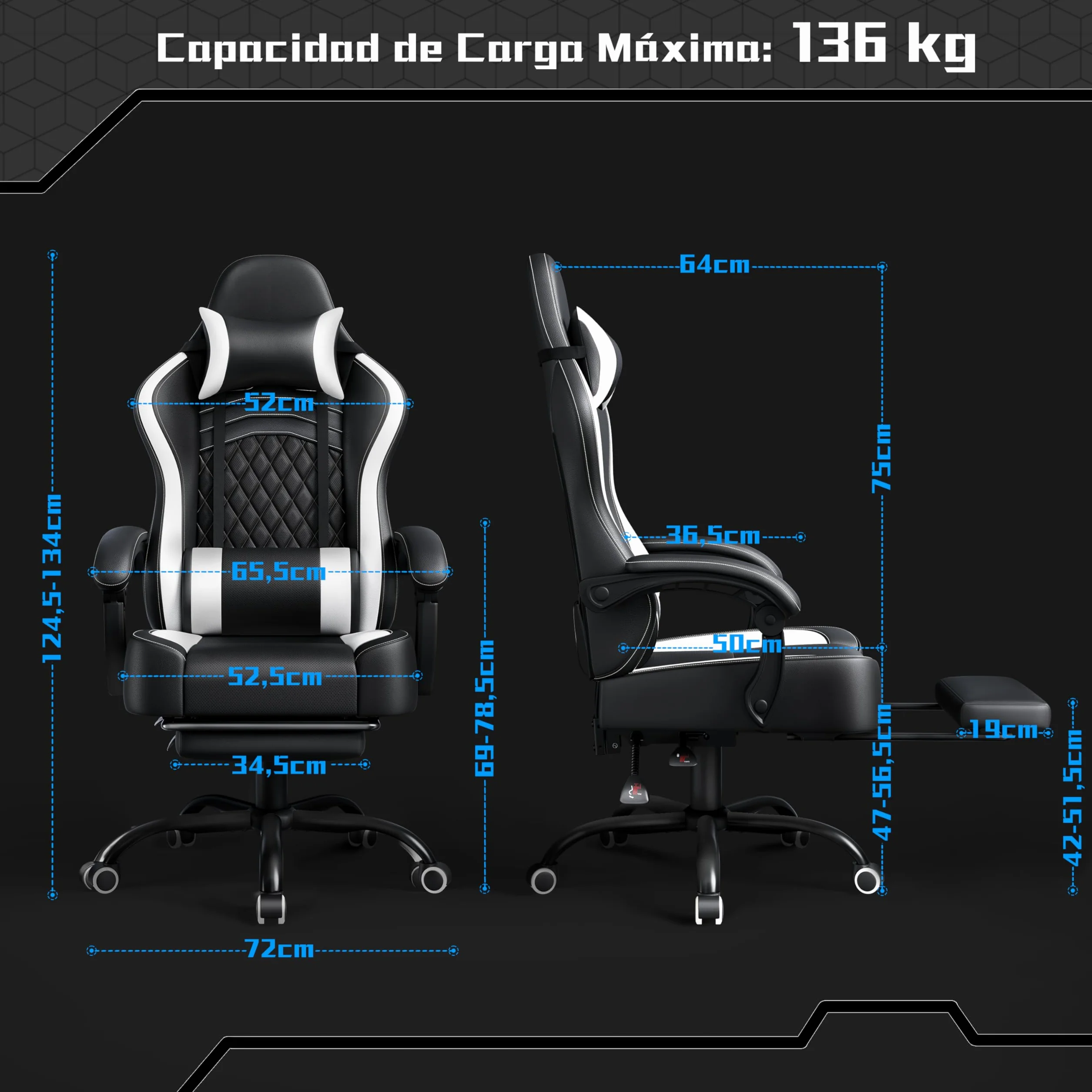 Yaheetech Silla Gaming Ergonómica con Respaldo Alto, Masaje Lumbar, Reposacabezas y Reposapiés, Ajustable, Negra/Blanca