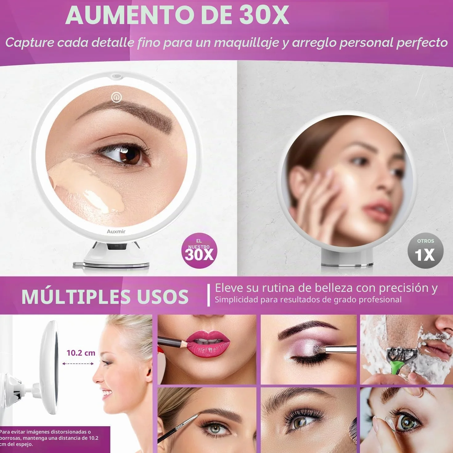 Auxmir Espejo Maquillaje LED 30X Aumento Ventosa Fuerte Brillo Regulable Giratorio 360° Portátil Blanco Redondo