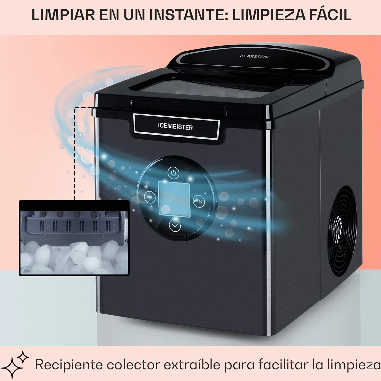 Klarstein Máquina de Hielo Portátil 2,5L 12 kg Auto Limpieza Pantalla LCD