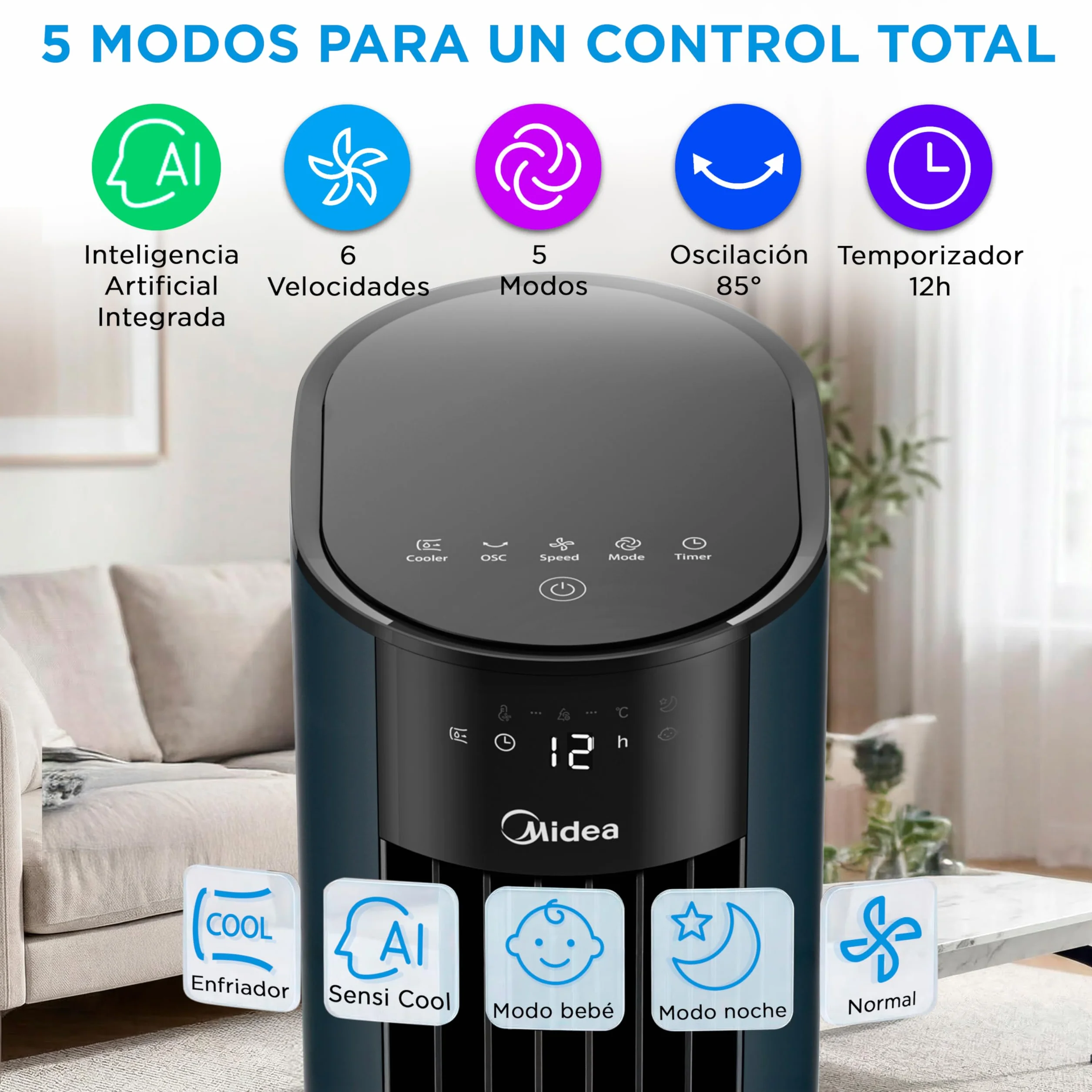 Midea Climatizador Evaporativo Portátil 3 en 1 7L con Mando a Distancia, Ventilador Enfriador Humidificador, 6 Velocidades, 5 Modos, Temporizador 12H, Oscilación 85º