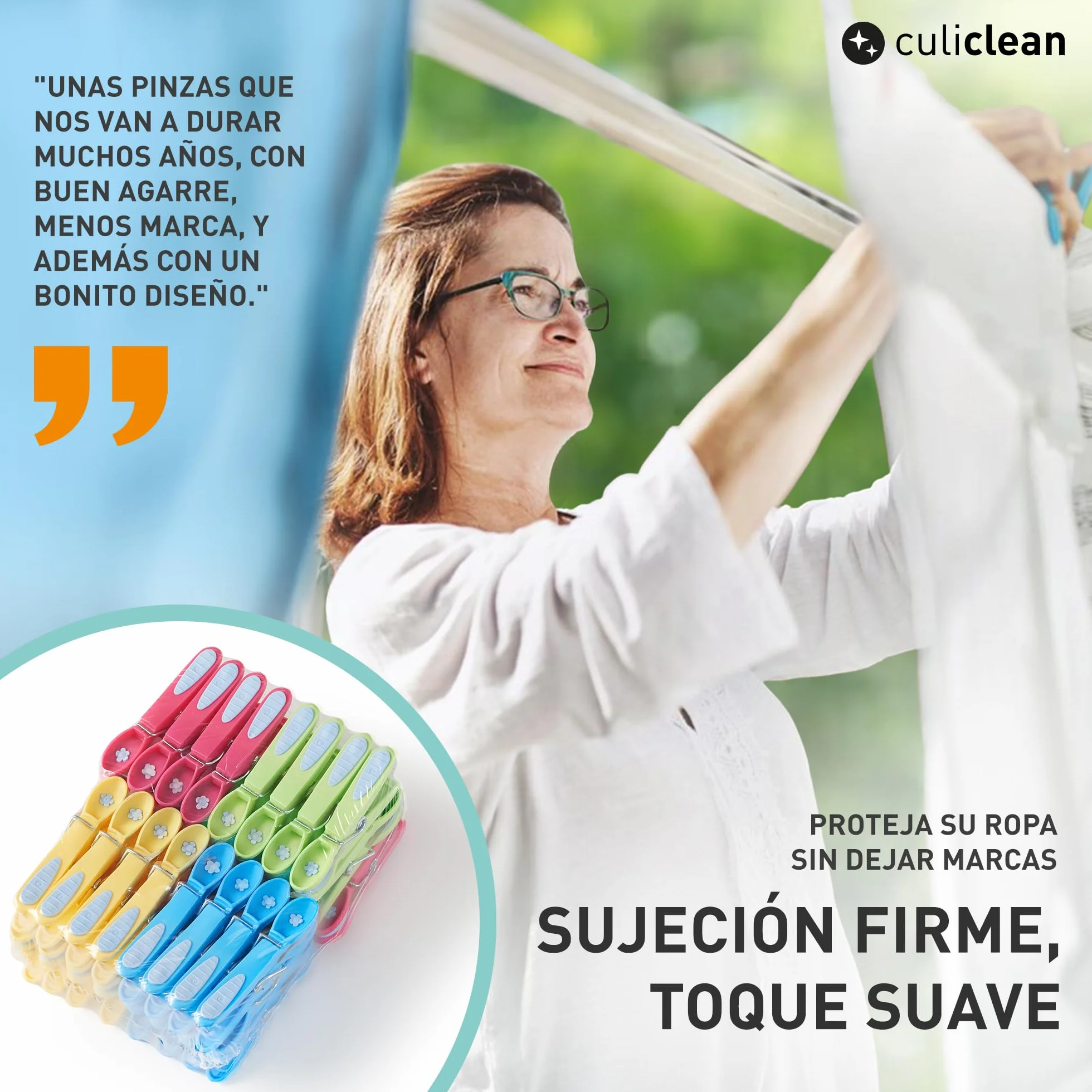 Culiclean Pinzas Ropa Fuertes 48 Pinzas Plástico Resistente BPA-Free Fabricado en Francia