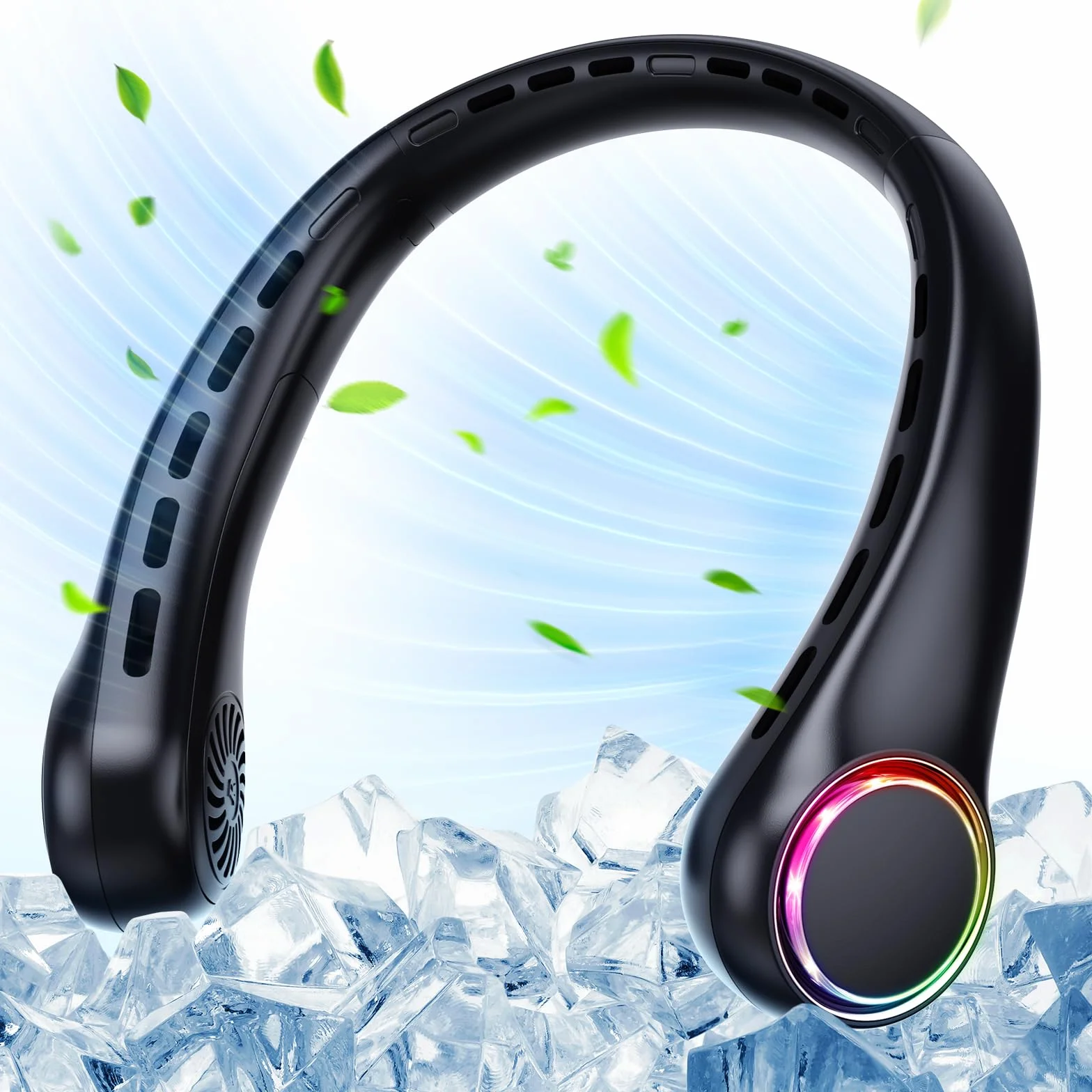 Ventilador de Cuello, Mini Ventilador Portatil Sin Aspas, USB Recargable Bateria 4000 mAh con Ajustable 3 Velocidades Luz LED para Viajes Deporte Oficina Hogar